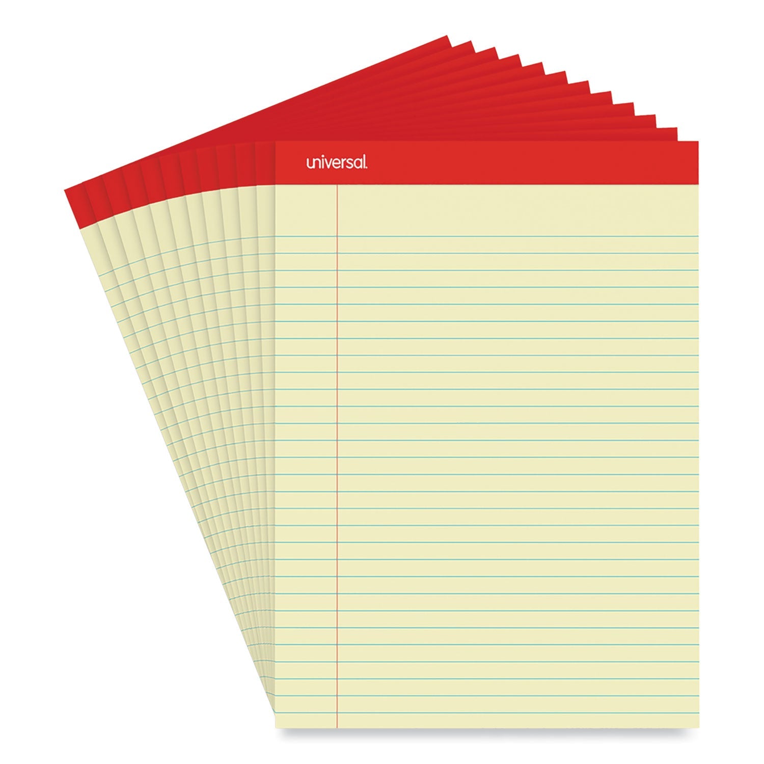 Universal® Perforated Ruled Writing Pads, Wide/legal Rule, Red Headband, 50 Canary-Yellow 8.5 X 11.75 Sheets, Dozen