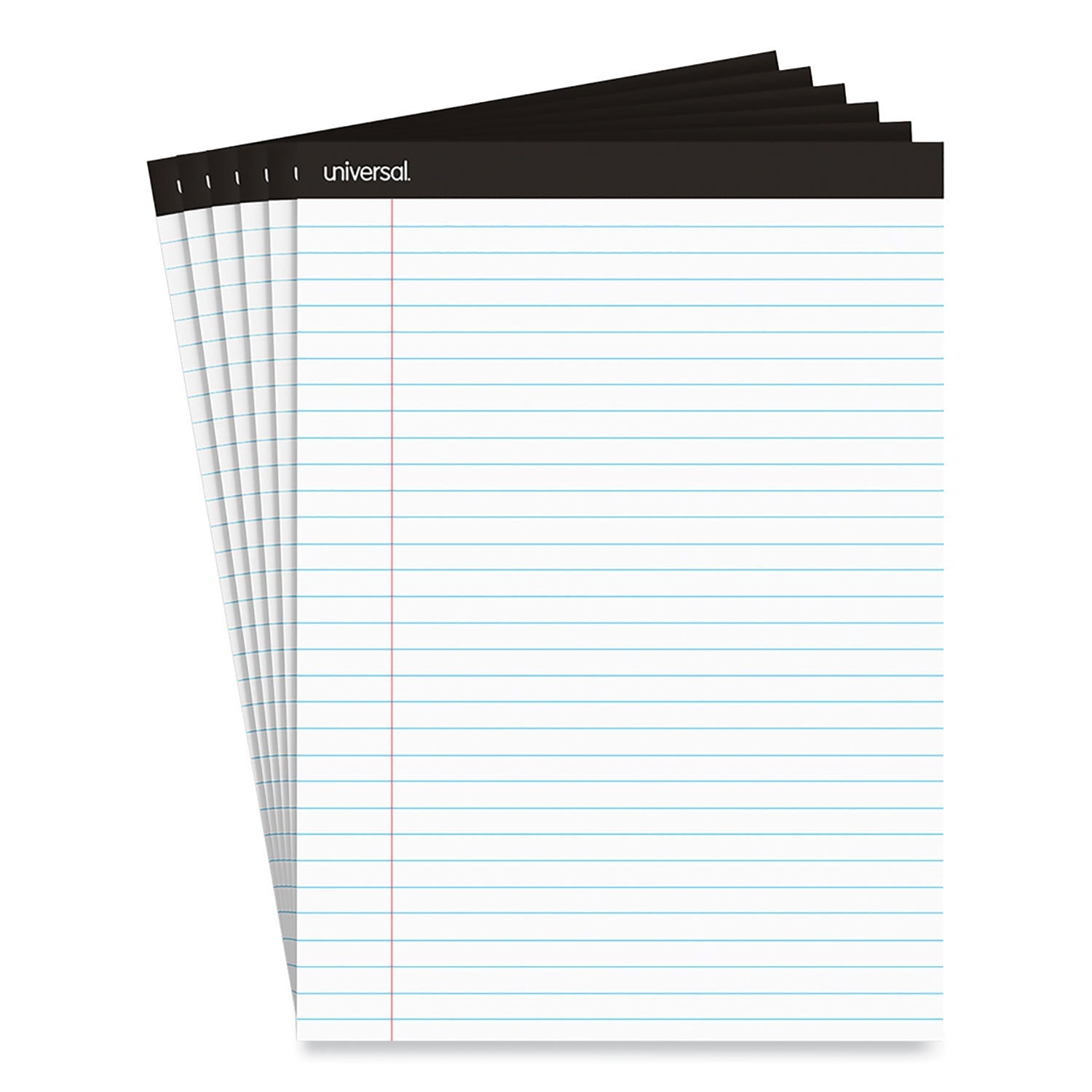 Universal® Premium Ruled Writing Pads With Heavy-Duty Back, Wide/legal Rule, Black Headband, 50 White 8.5 X 11 Sheets, 6/pack