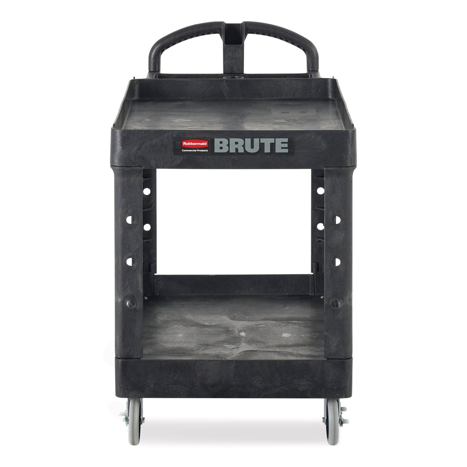 Rubbermaid® Commercial BRUTE Heavy-Duty Utility Cart with Lipped Shelves, Plastic, 2 Shelves, 500 lb Capacity, 25.9" x 45.2" x 32.2", Black