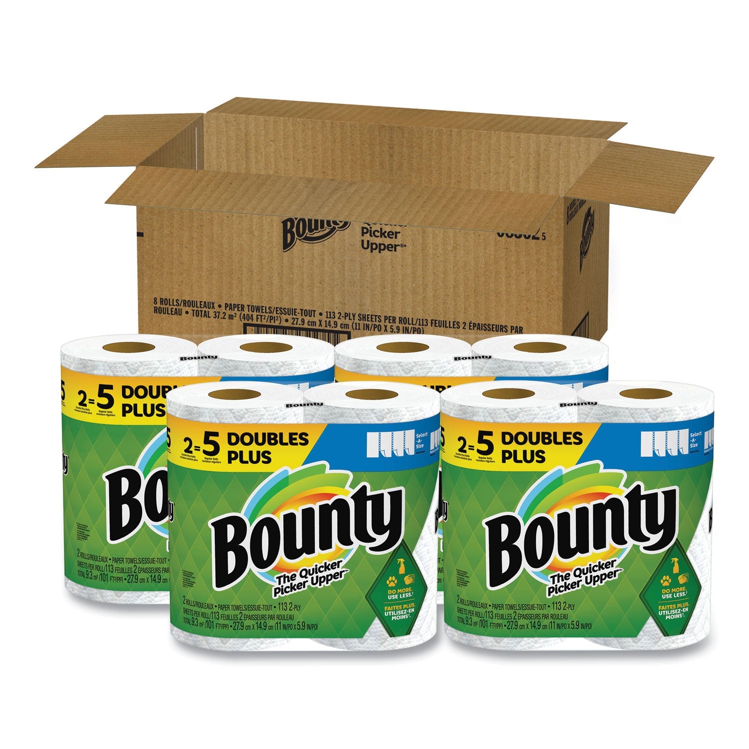 Bounty® Select-a-Size Kitchen Roll Paper Towels, 2-Ply, White, 6 x 11, 113 Sheets/Roll, 2 Double Plus Rolls/Pack, 4 Packs/Carton