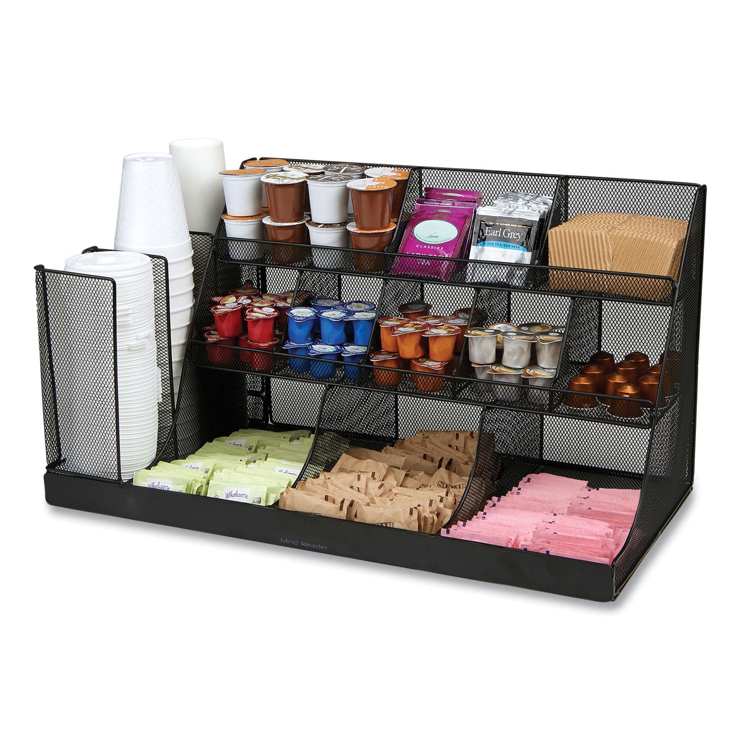 Mind Reader Network Collection 14-Compartment Coffee Cup and Condiment Countertop Organizer, 11.61 x 23.9 x 12.76, Black
