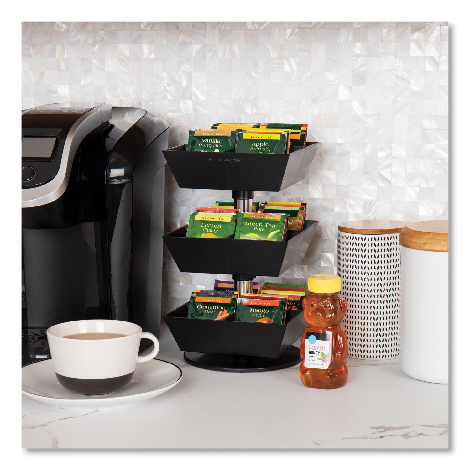 Mind Reader Anchor Collection 3-Tier 12-Compartment Tea and Condiment Carousel Countertop Organizer, 6.75 x 6.75 x 11.5, Black - Bloom Skins