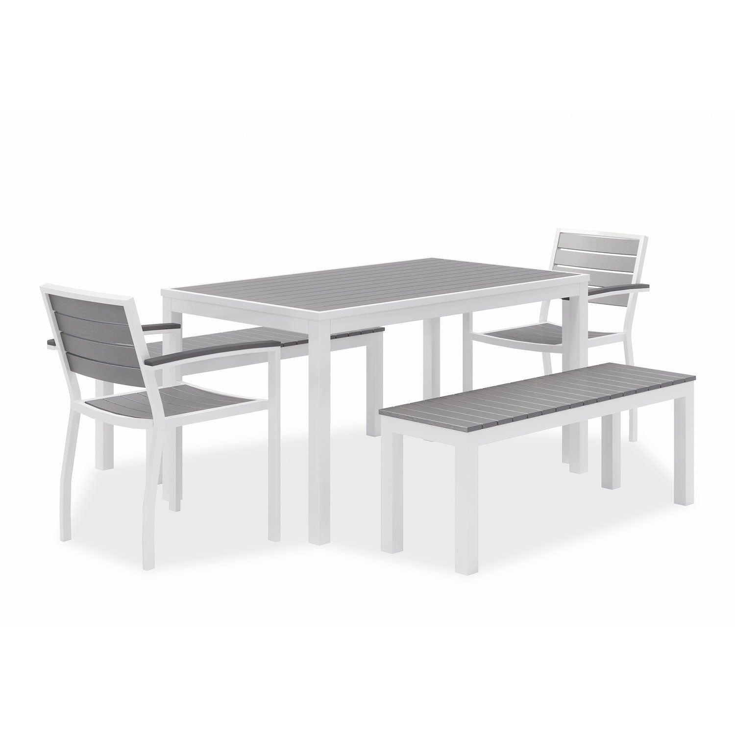 KFI Studios Eveleen Outdoor Dining Table Set, 55" x 35" x 29" Rectangular Table, 2 Benches, 2 Armchairs, Gray/White - Bloom Skins