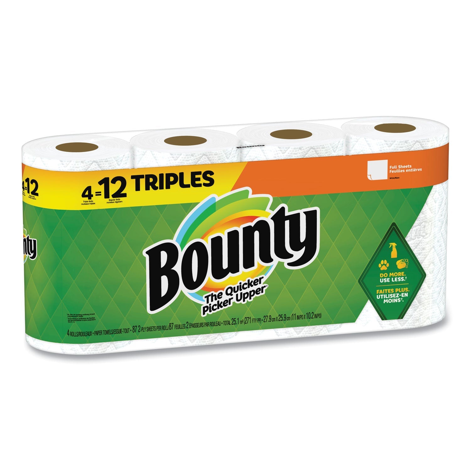 Bounty® Kitchen Roll Paper Towels, 2-Ply, White, 10.5 x 11, 87 Sheets/Roll, 4 Triple Rolls/Pack, 6 Packs/Carton