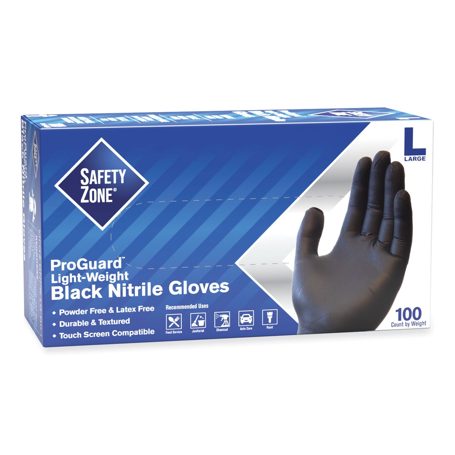 Safety Zone® ProGuard Powder Free Nitrile Gloves, Large, Black, 100/Box