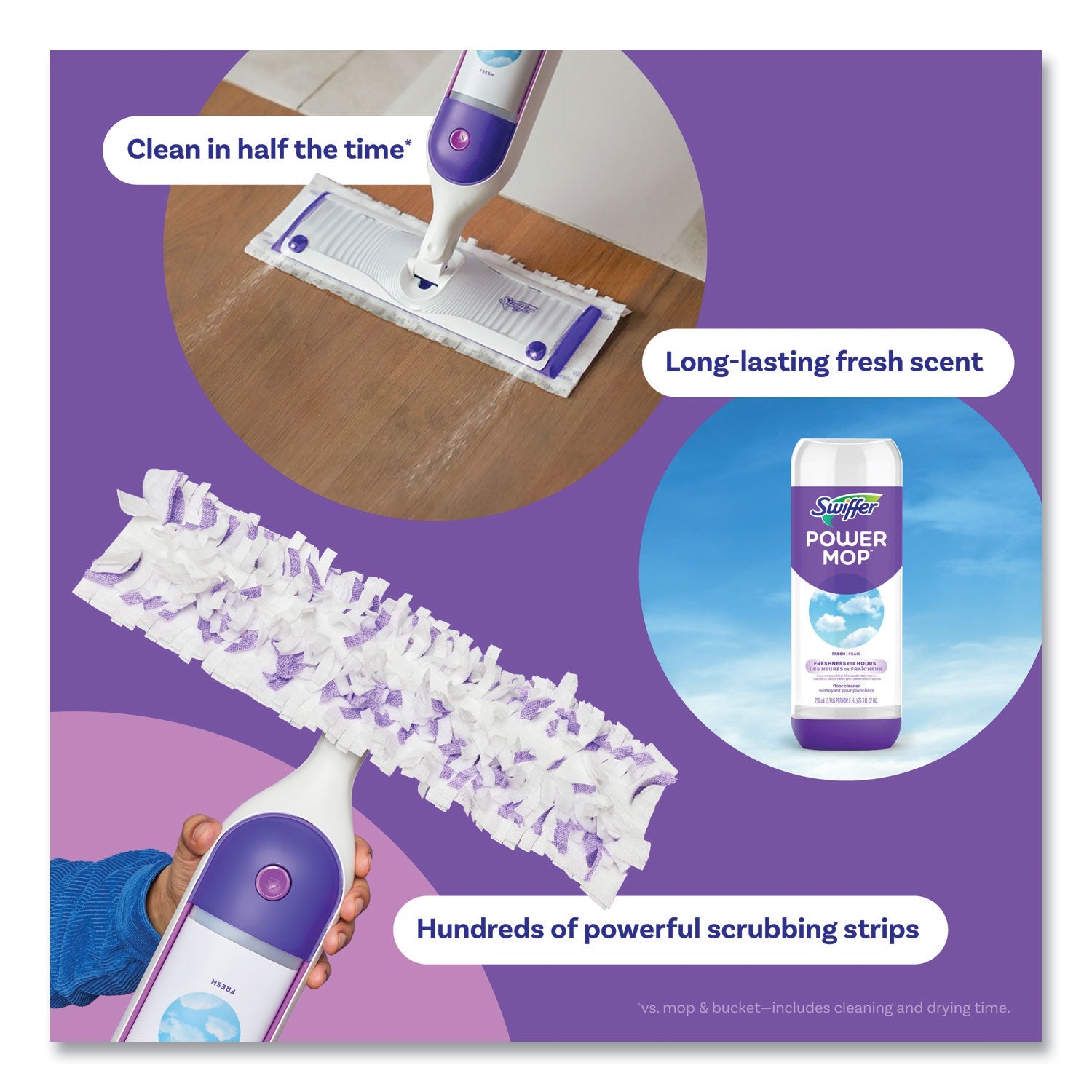 Swiffer® PowerMop Starter Kit, 15.4 x 5.3 White/Purple Cloth Head, 26" Silver Aluminum Handle