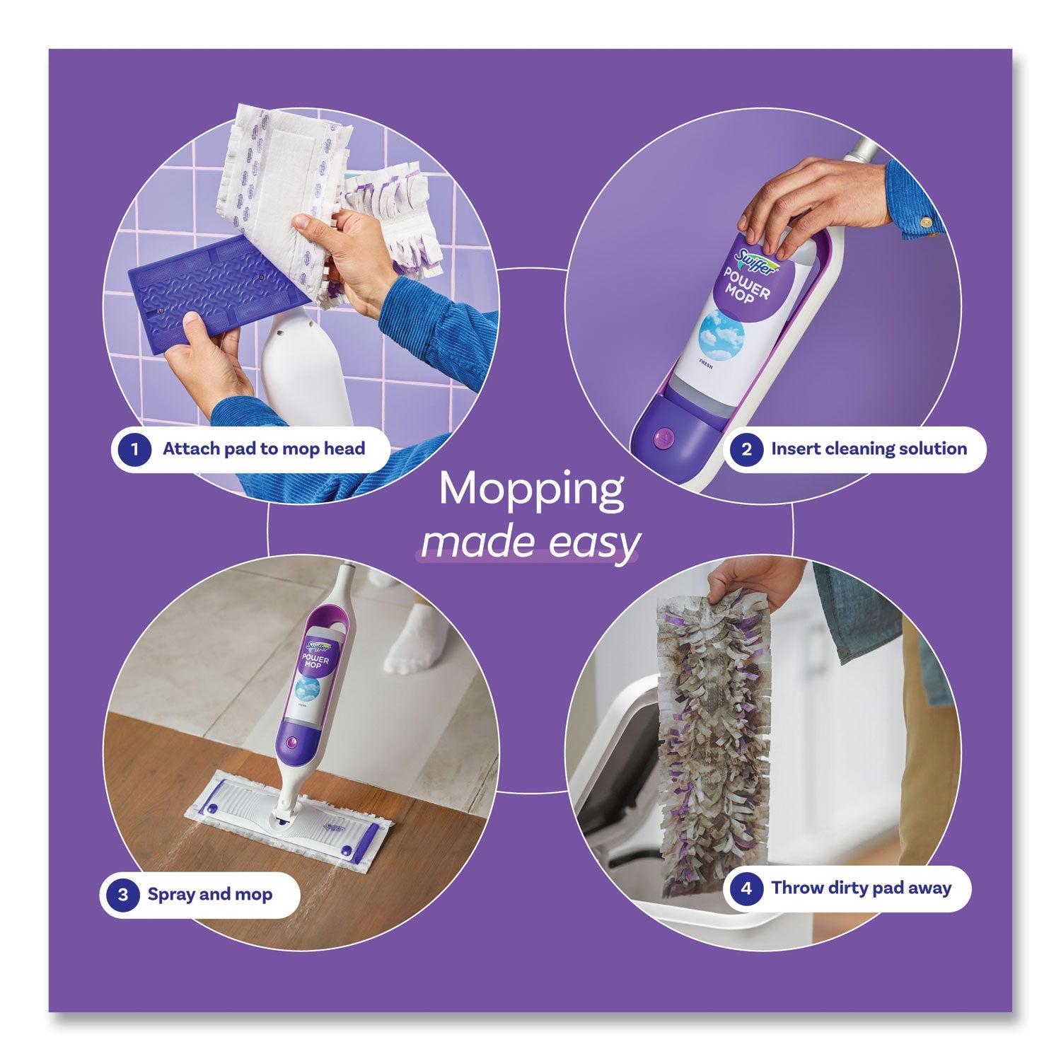 Swiffer® PowerMop Starter Kit, 15.4 x 5.3 White/Purple Cloth Head, 26" Silver Aluminum Handle