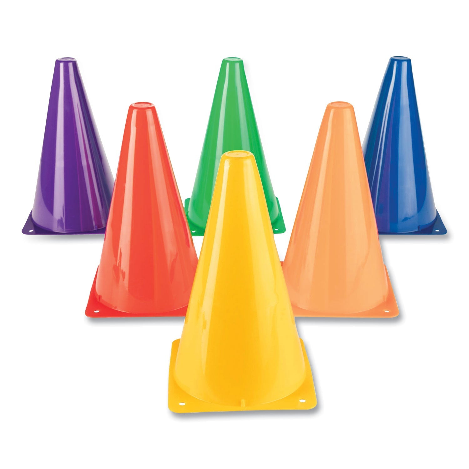 Champion Sports High-Visibility Plastic Cones, 9" Tall, Assorted Colors, 5" x 5" Base, 6/Set