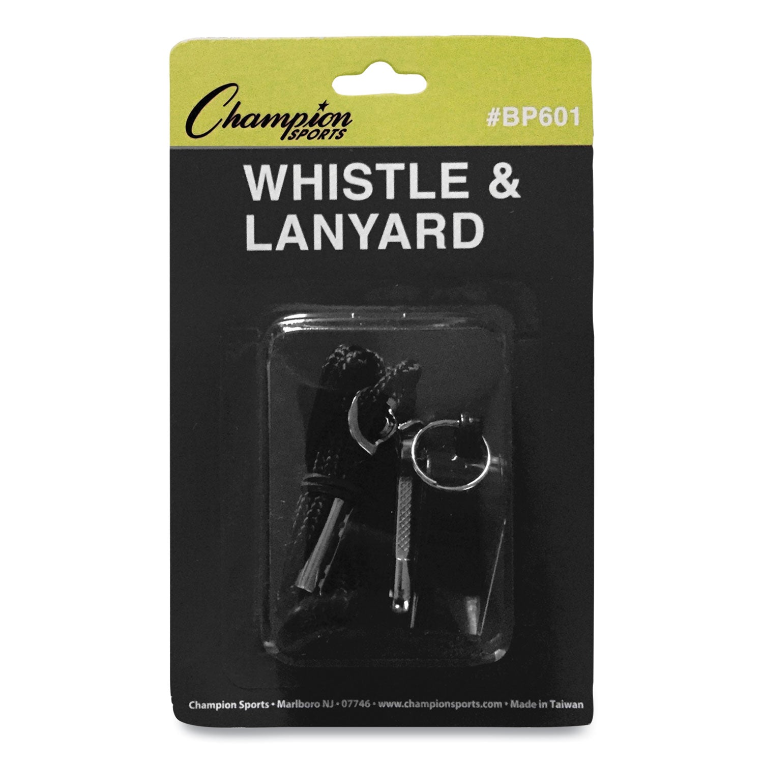 Champion Sports Sports Whistle With Black Nylon Lanyard, Plastic, Black, Dozen