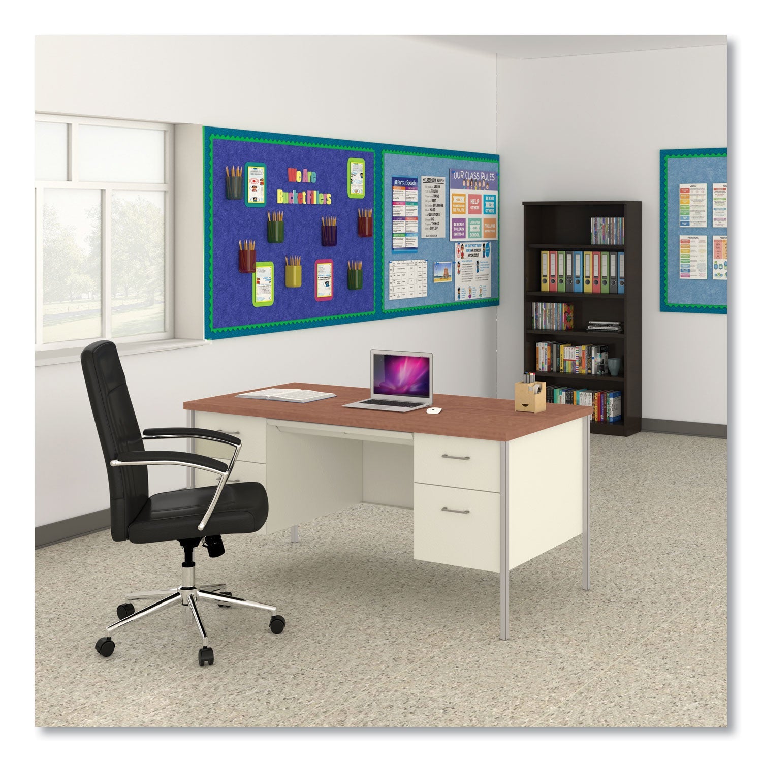 Alera® Double Pedestal Steel Desk, 60" x 30" x 29.5", Cherry/Putty, Chrome-Plated Legs