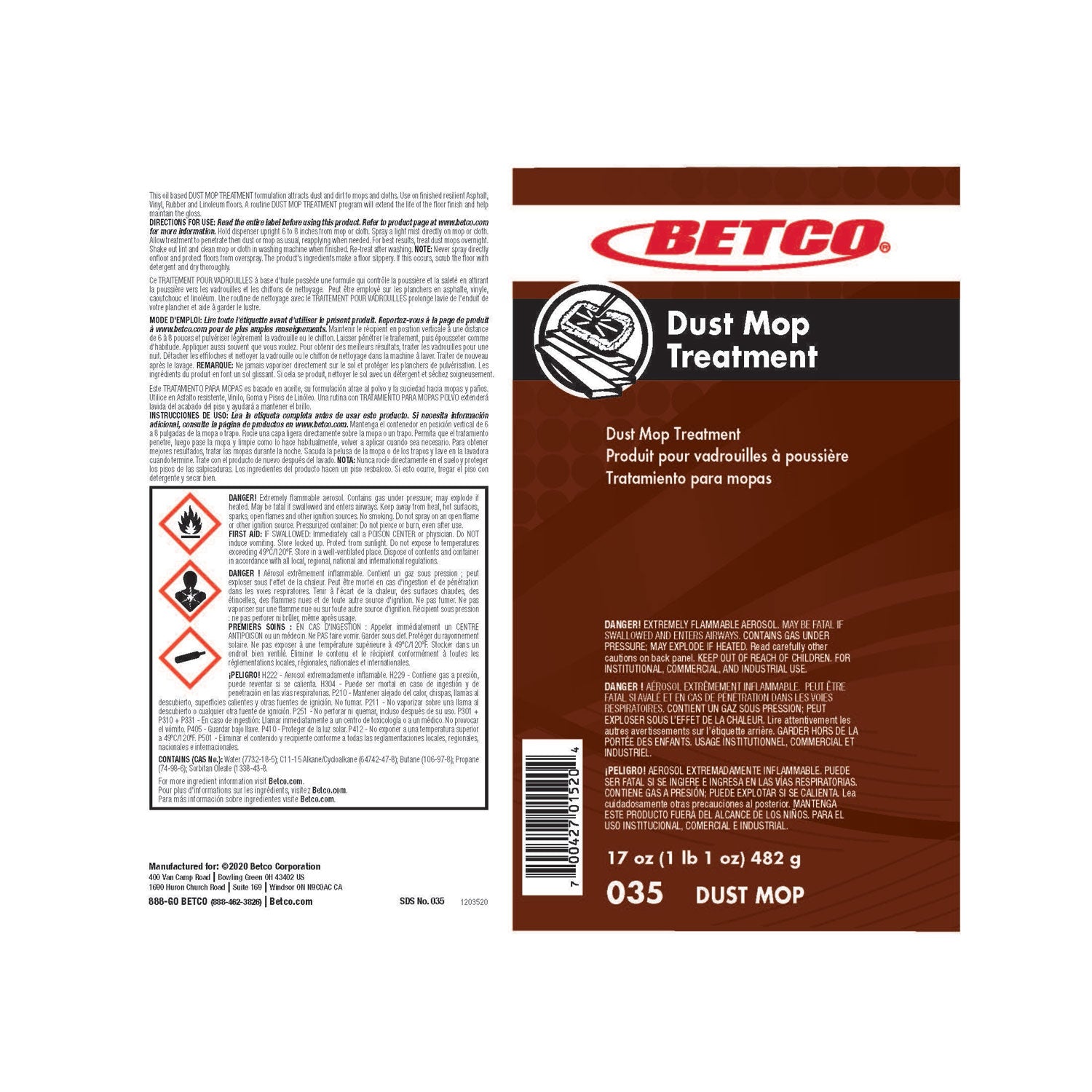 Betco® Dust Mop Treatment, Citrus Scent, 17 oz Aerosol Spray, 12/Carton