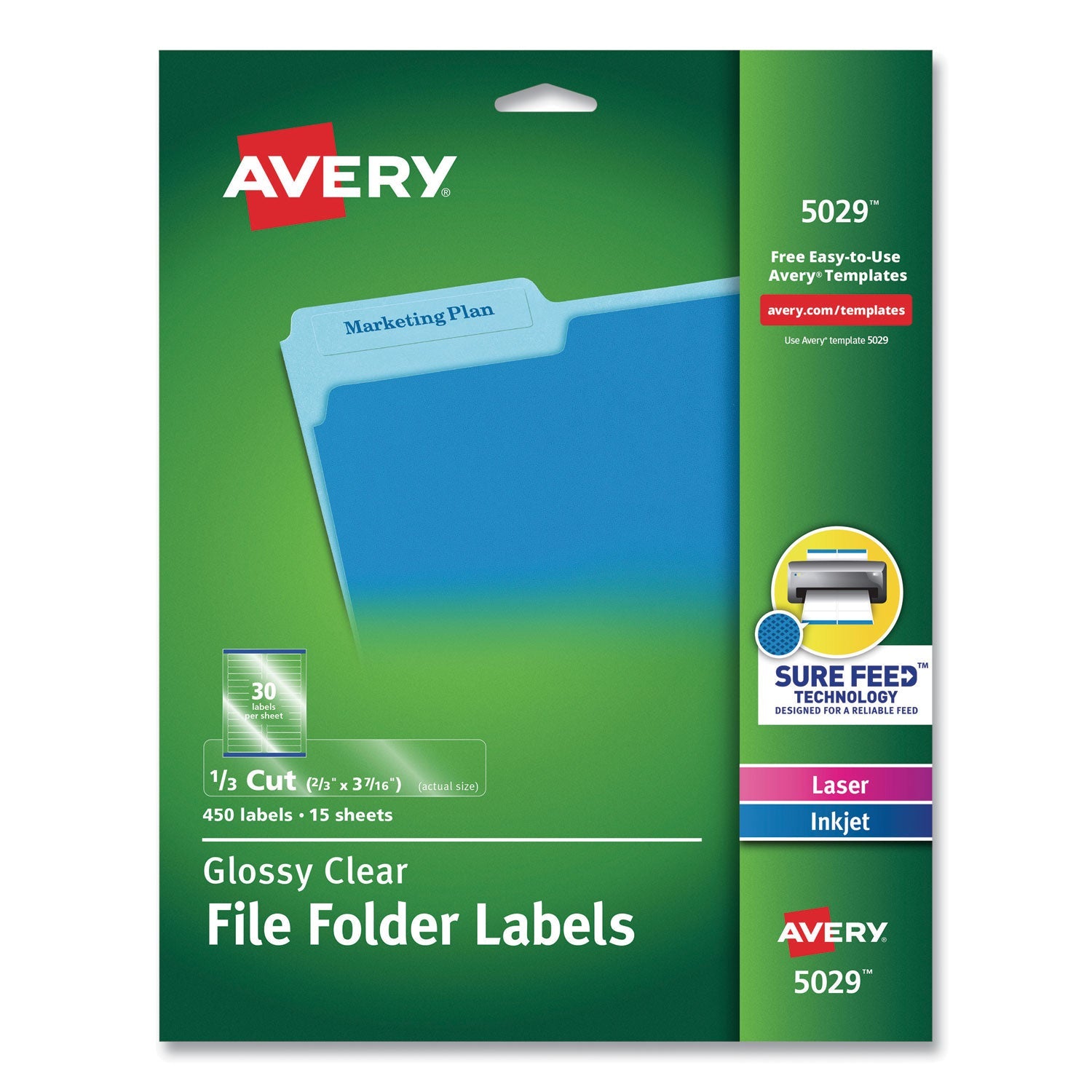Avery® Clear Permanent File Folder Labels With Sure Feed Technology, 0.66 X 3.44, Clear, 30/sheet, 15 Sheets/pack