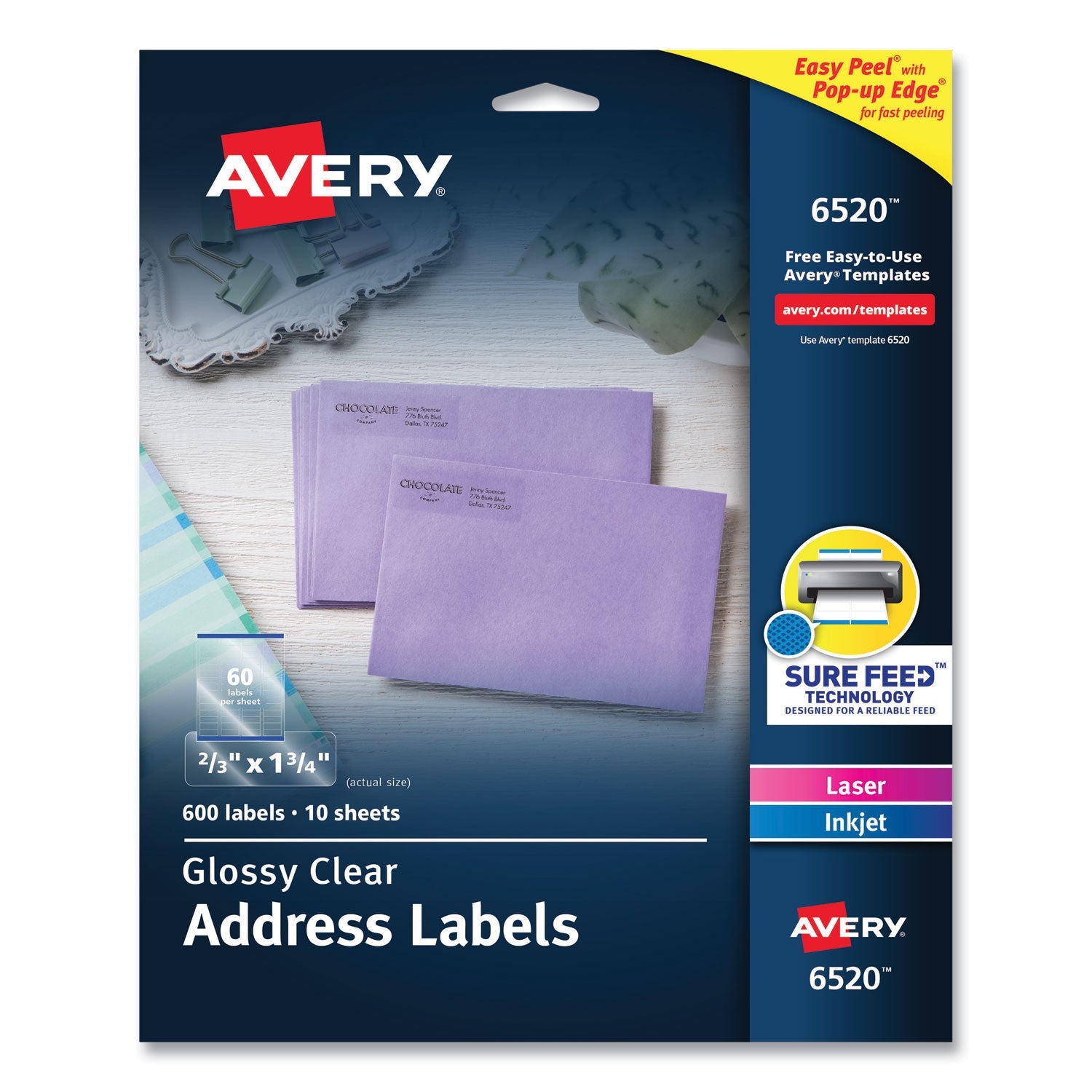 Avery® Glossy Clear Easy Peel Mailing Labels W/ Sure Feed Technology, Inkjet/laser Printers, 0.66 X 1.75, 60/sheet, 10 Sheets/pk