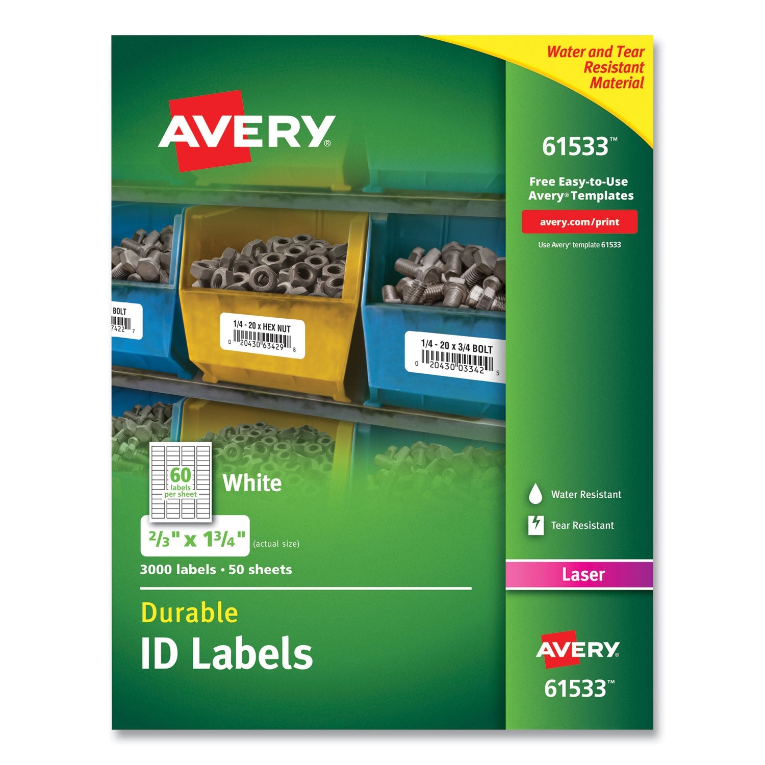 Avery® Durable Permanent Id Labels With Trueblock Technology, Laser Printers, 0.66 X 1.75, White, 60/sheet, 50 Sheets/pack