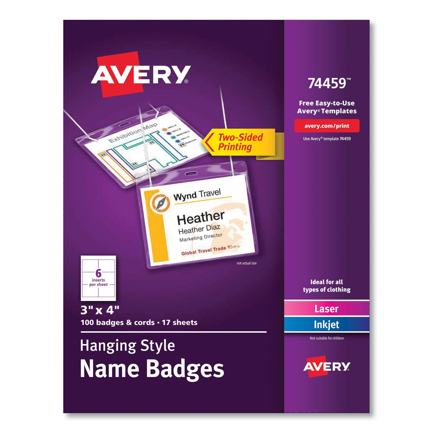 Avery® Necklace-Style Badge Holder W/laser/inkjet Insert, Top Load, 4 X 3, We, 100/box