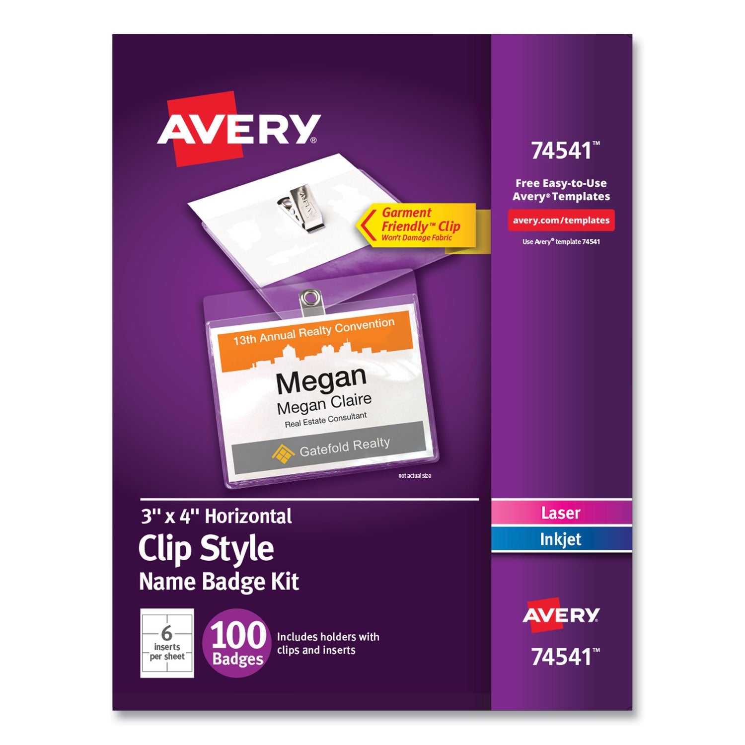 Avery® Clip-Style Name Badge Holder With Laser/inkjet Insert, Top Load, 4 X 3, White, 100/box