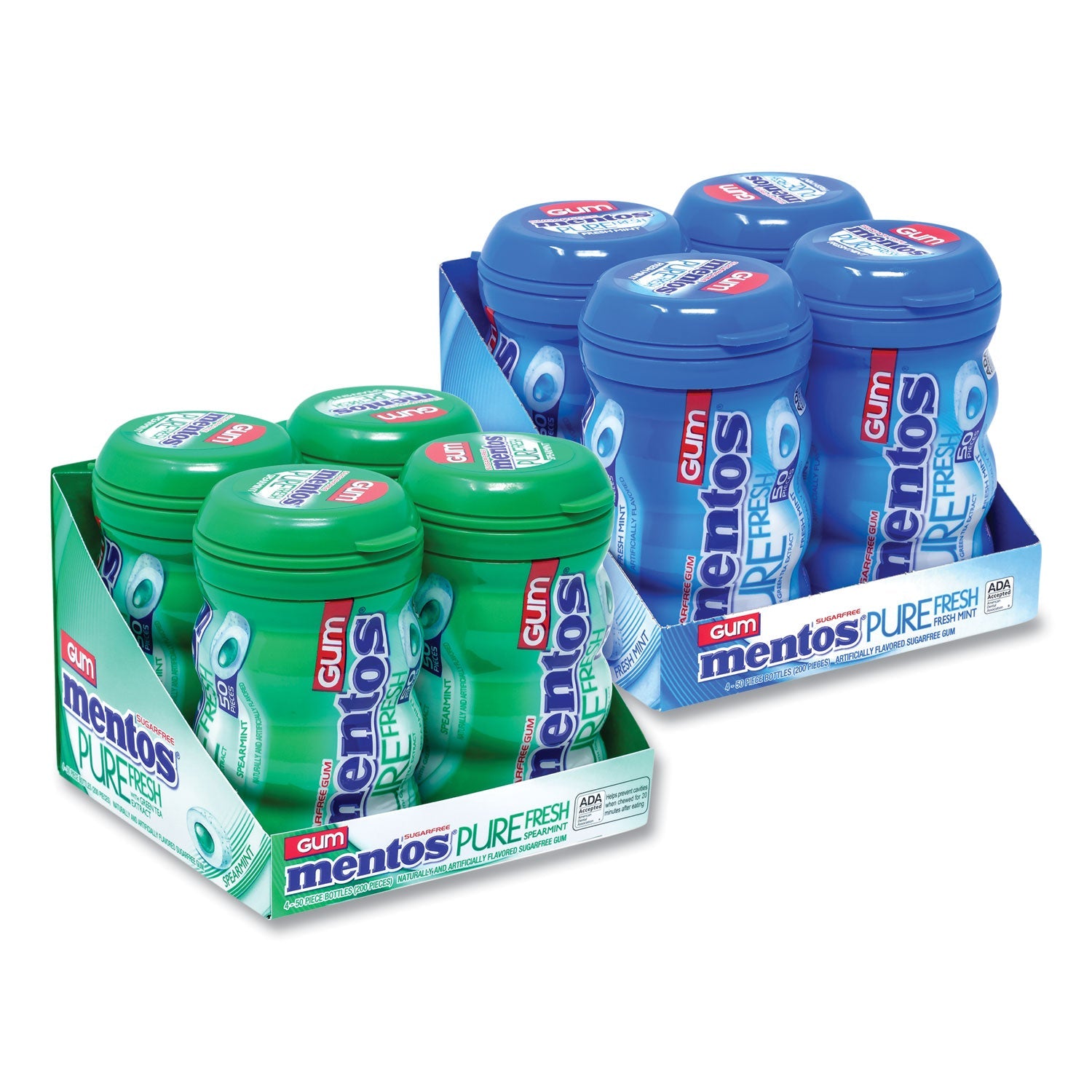 Mentos® Pure Fresh Gum Variety Pack, Fresh Mint/Spearmint, 50 Pieces/Bottle, 8 Bottles/Carton