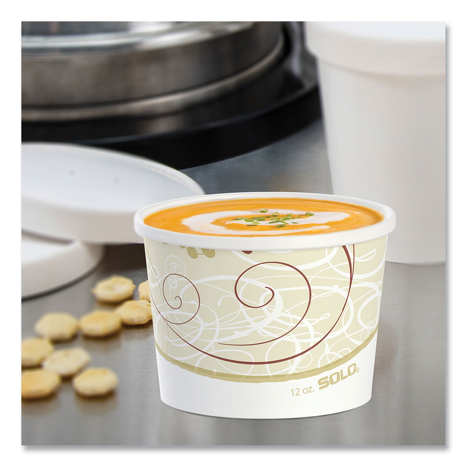 SOLO® Double Poly Paper Food Containers, 12 oz, 3.6" Diameter x 3.3" h, Symphony Design, 25/Pack, 20 Packs/Carton