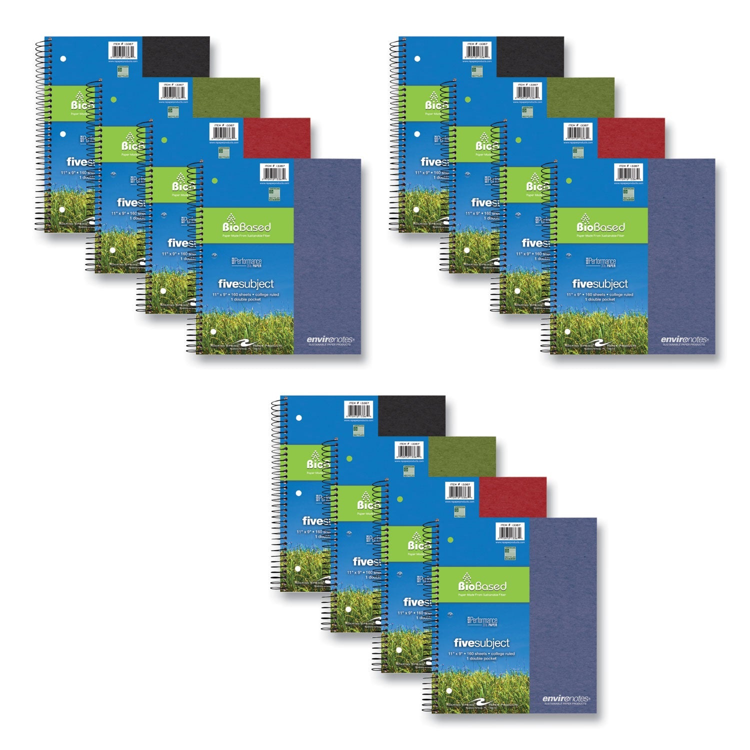 Roaring Spring® Earthtones BioBased 5 Subject Notebook, Medium/College Rule, Randomly Assorted Covers, (160) 11x9 Sheets, 12/Carton