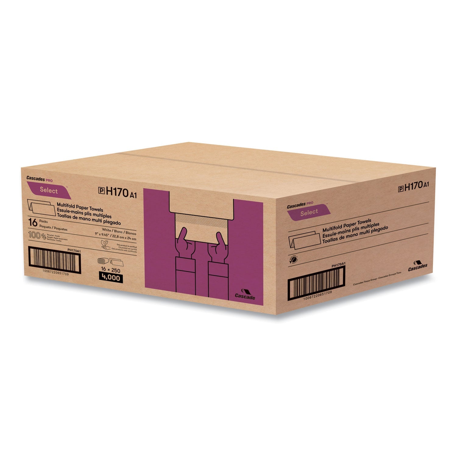 Cascades PRO Select Folded Paper Towels, Multifold, 1-Ply, 9.13 x 9.5, White, 250/Pack, 16 Packs/Carton