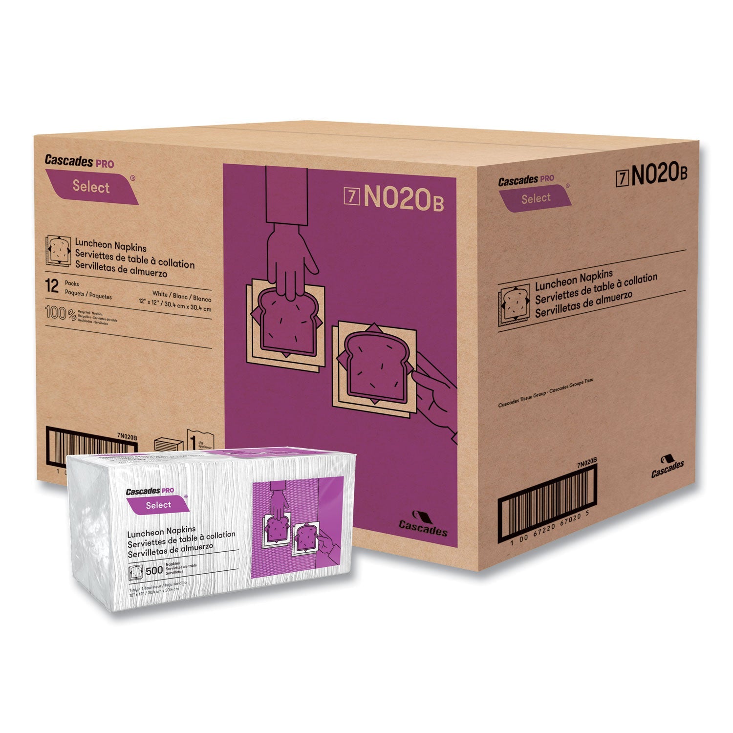 Cascades PRO Select Luncheon Napkins, 1 Ply, 12 x 12, White, 500/Pack, 6,000/Carton