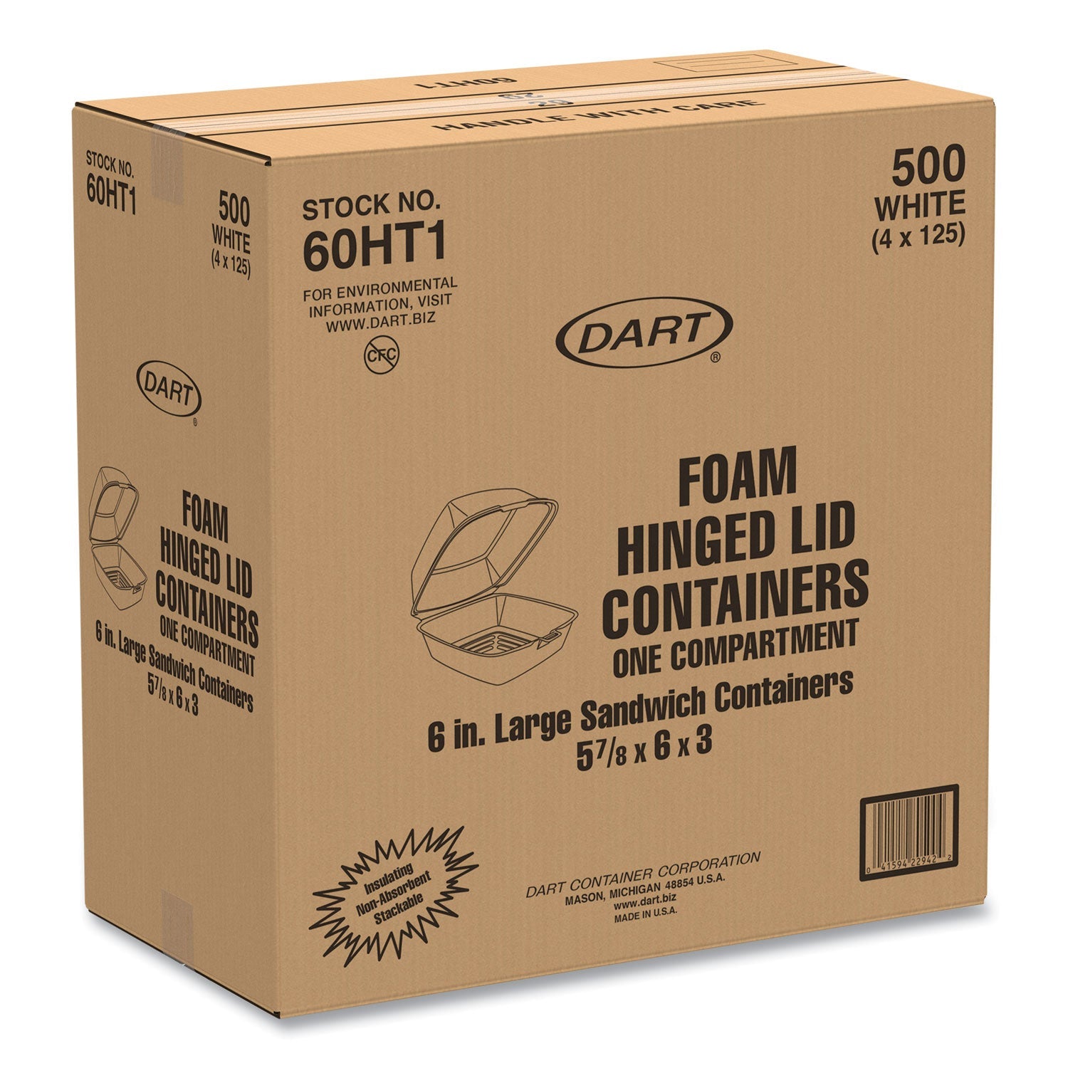 Dart® Foam Hinged Lid Containers, 6 X 5.78 X 3, White, 500/carton