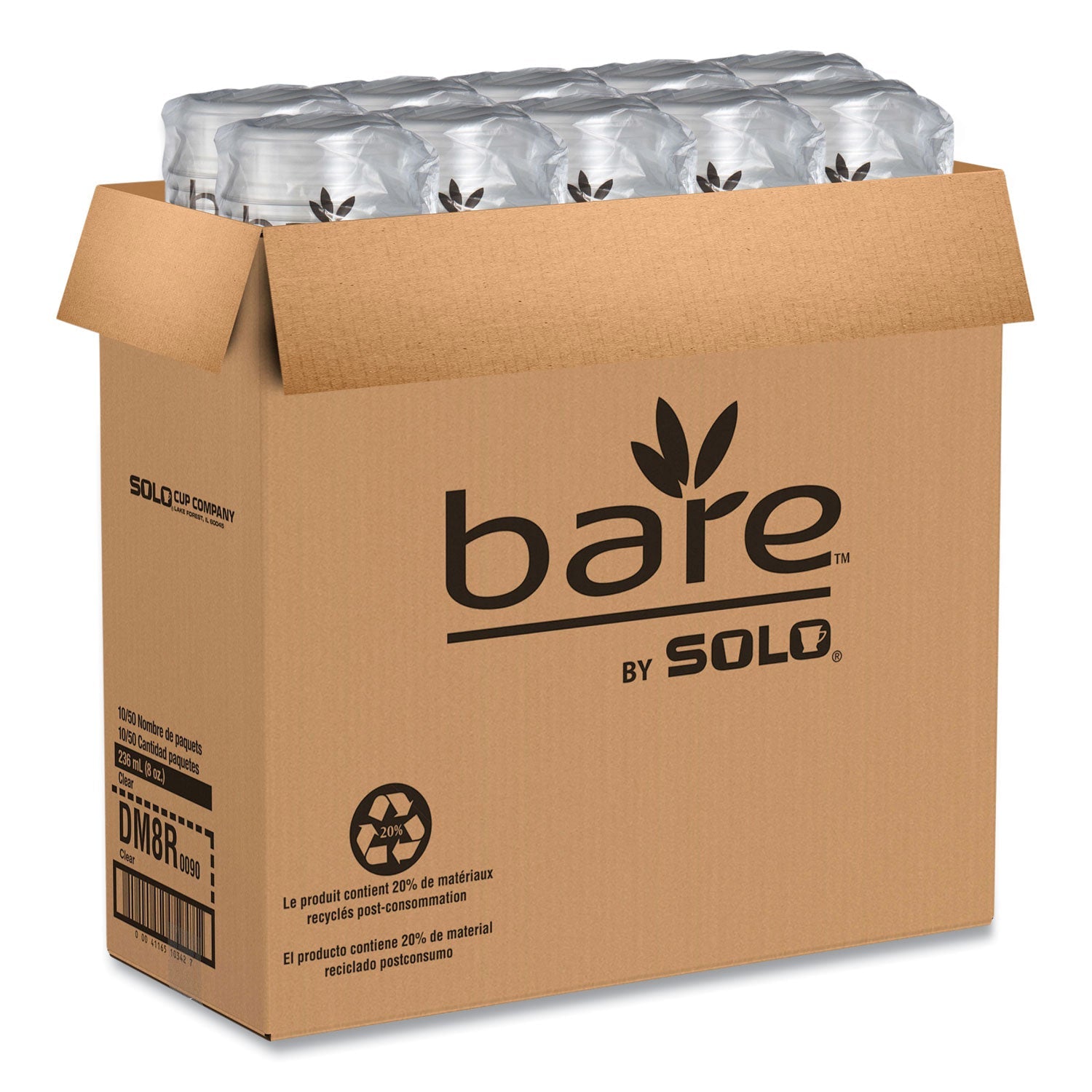 SOLO® Bare Eco-Forward RPET Deli Containers, ProPlanet Seal, 8 oz, 4.6" Diameter x 1.8" h, Clear, Plastic, 500/Carton