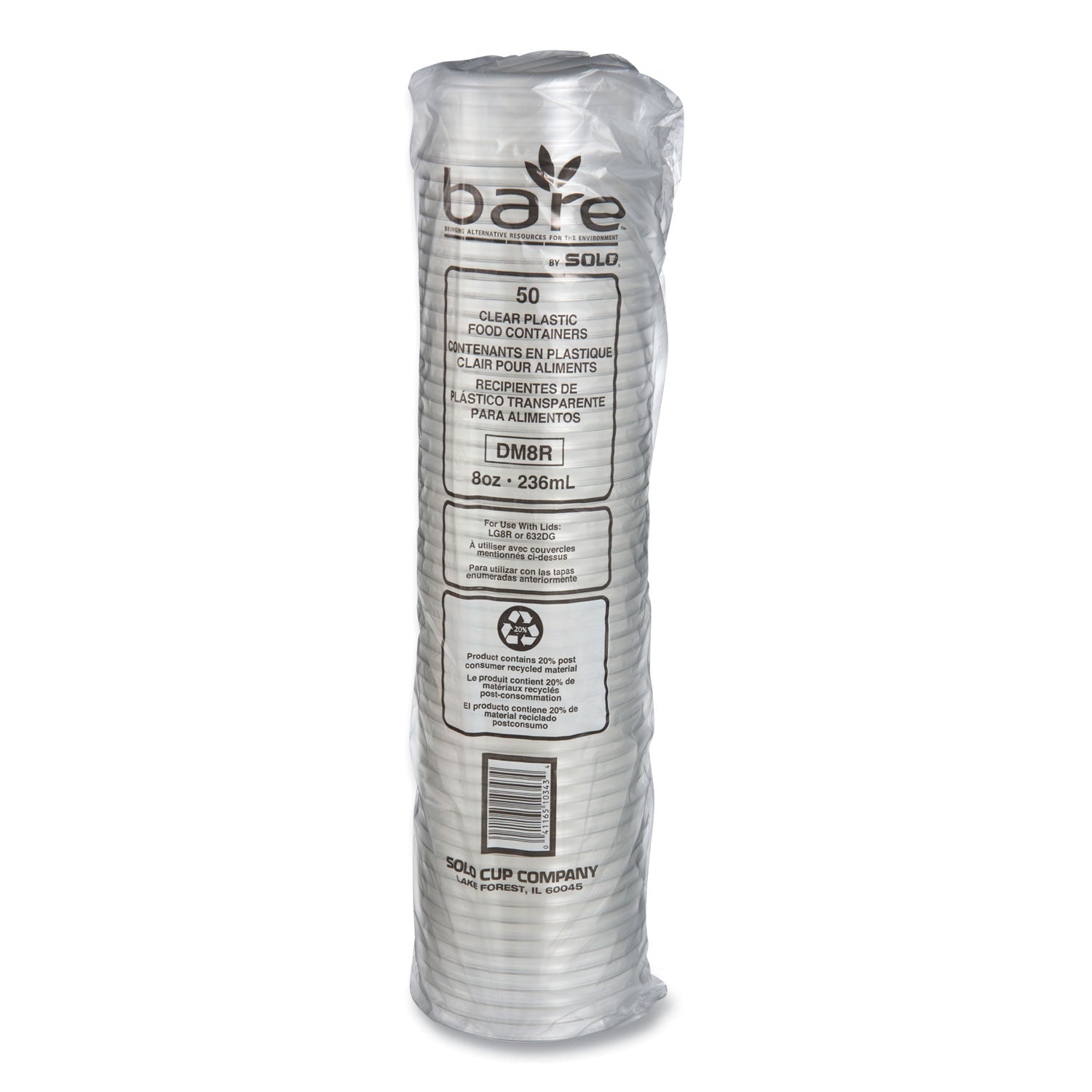 SOLO® Bare Eco-Forward RPET Deli Containers, ProPlanet Seal, 8 oz, 4.6" Diameter x 1.8" h, Clear, Plastic, 500/Carton
