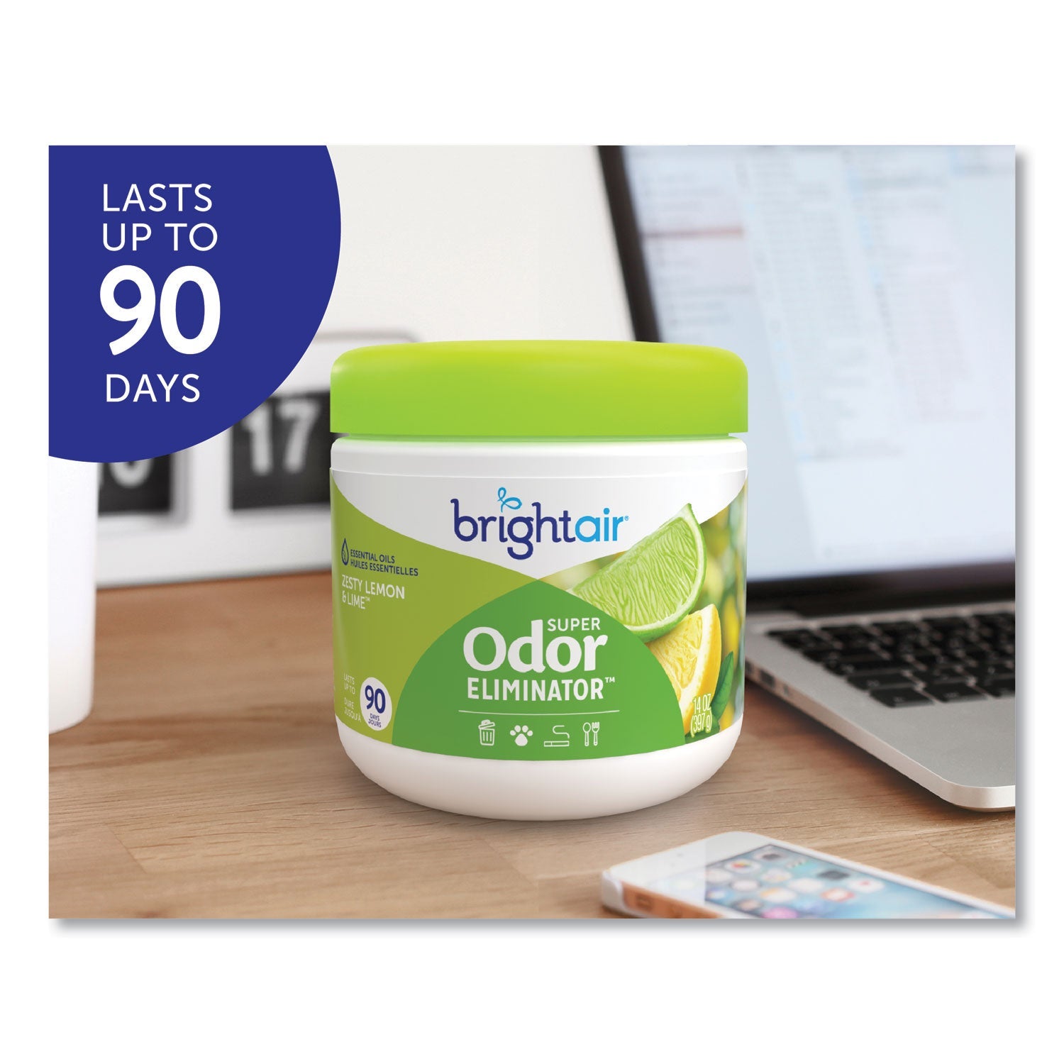 BRIGHT Air® Super Odor Eliminator, Zesty Lemon And Lime, 14 Oz Jar, 6/carton