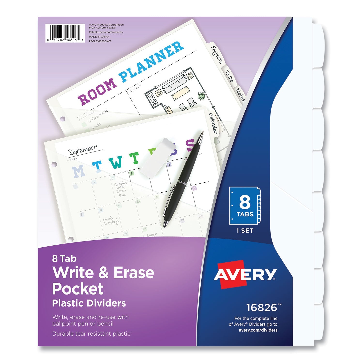 Avery® Write and Erase Durable Plastic Dividers with Straight Pocket, 8-Tab, 11.13 x 9.25, White, 1 Set