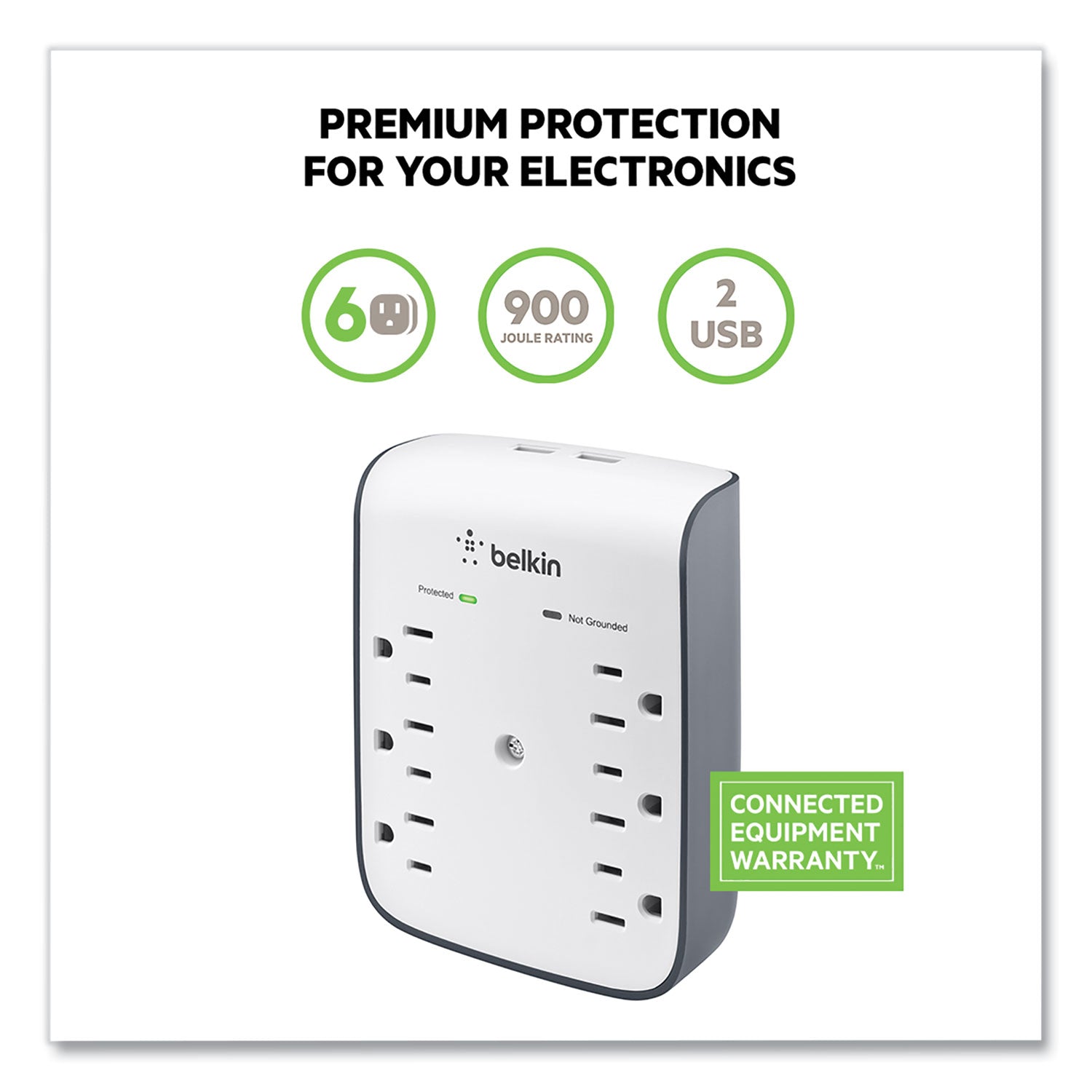 Belkin® SurgePlus USB Wall Mount Charger, 6 AC Outlets/2 USB Ports, 900 J, White/Black