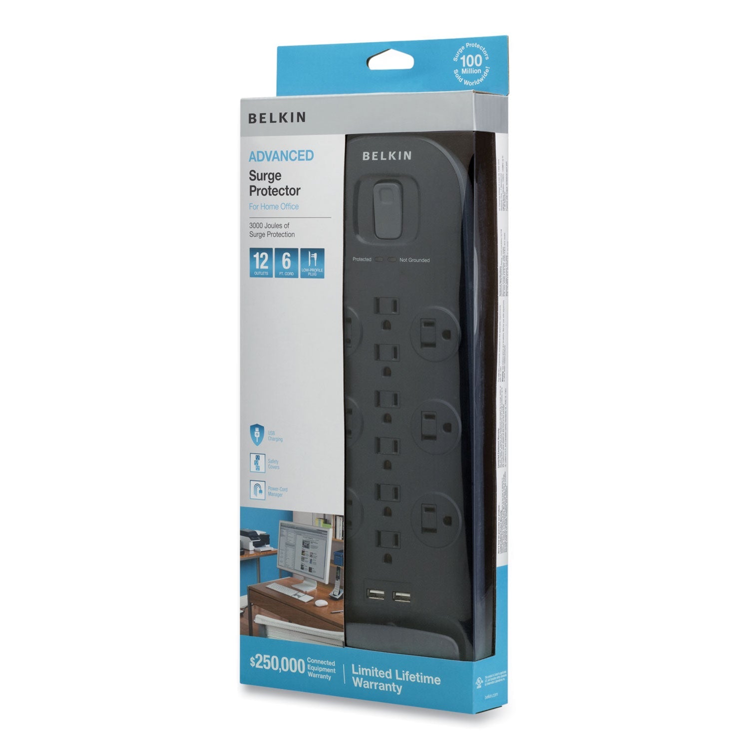Belkin® Home/Office Surge Protector, 12 AC Outlets, 6 ft Cord, 3,996 J, White/Black