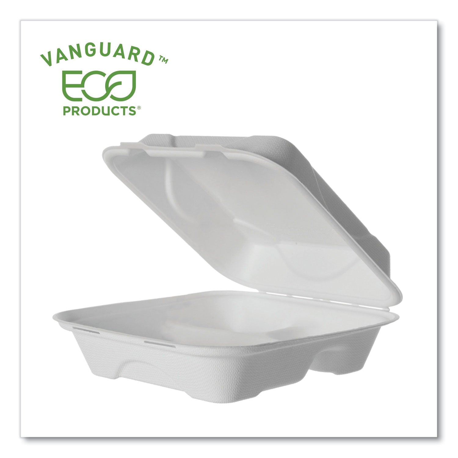 Eco-Products® Vanguard Renewable and Compostable Sugarcane Clamshells, 3 Compartments, 8 x 8 x 3, White, 200/Carton