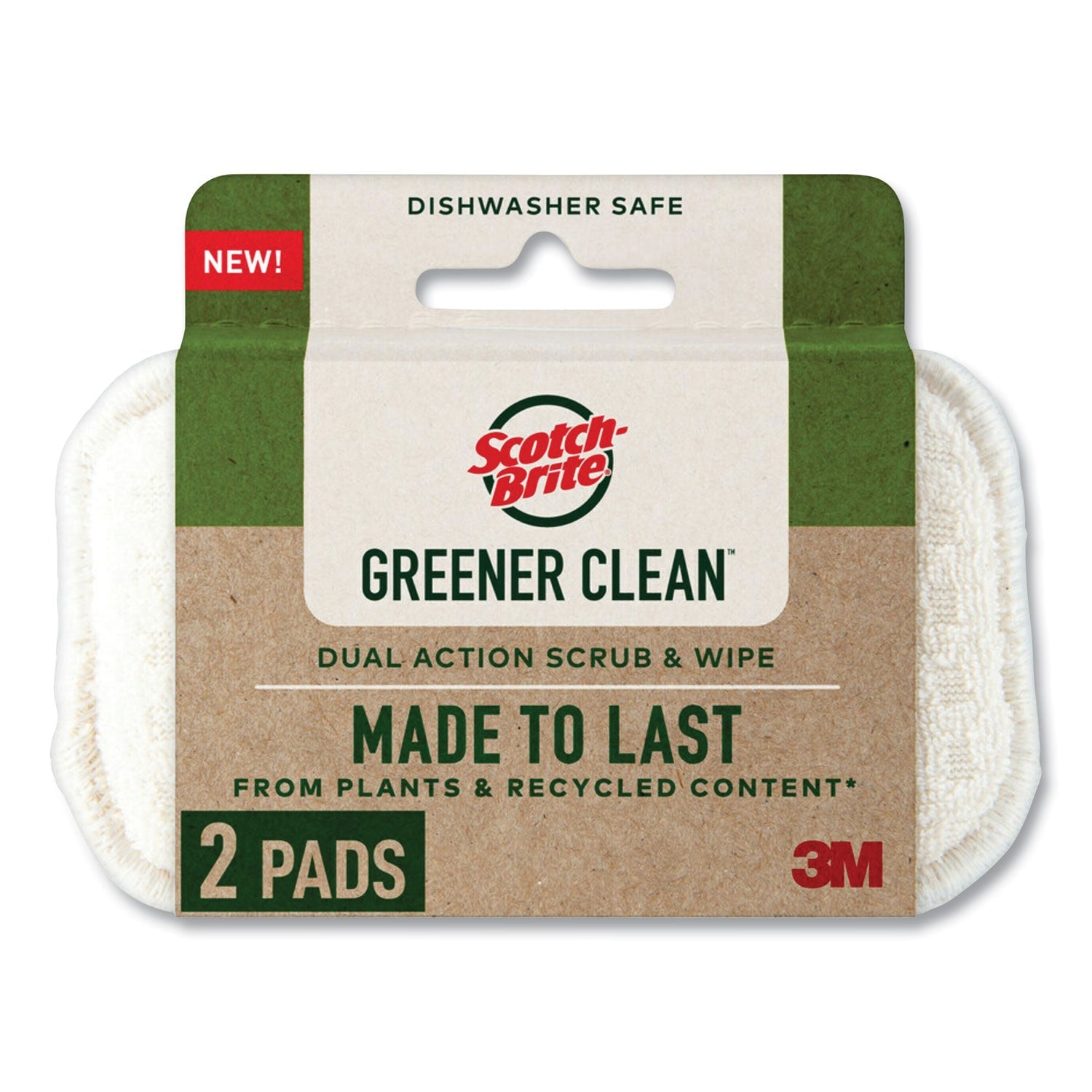 Scotch-Brite® Greener Clean Dual Action Scrub and Wipe, 2.8 x 4.7, 0.7" Thick, White, 2/Pack