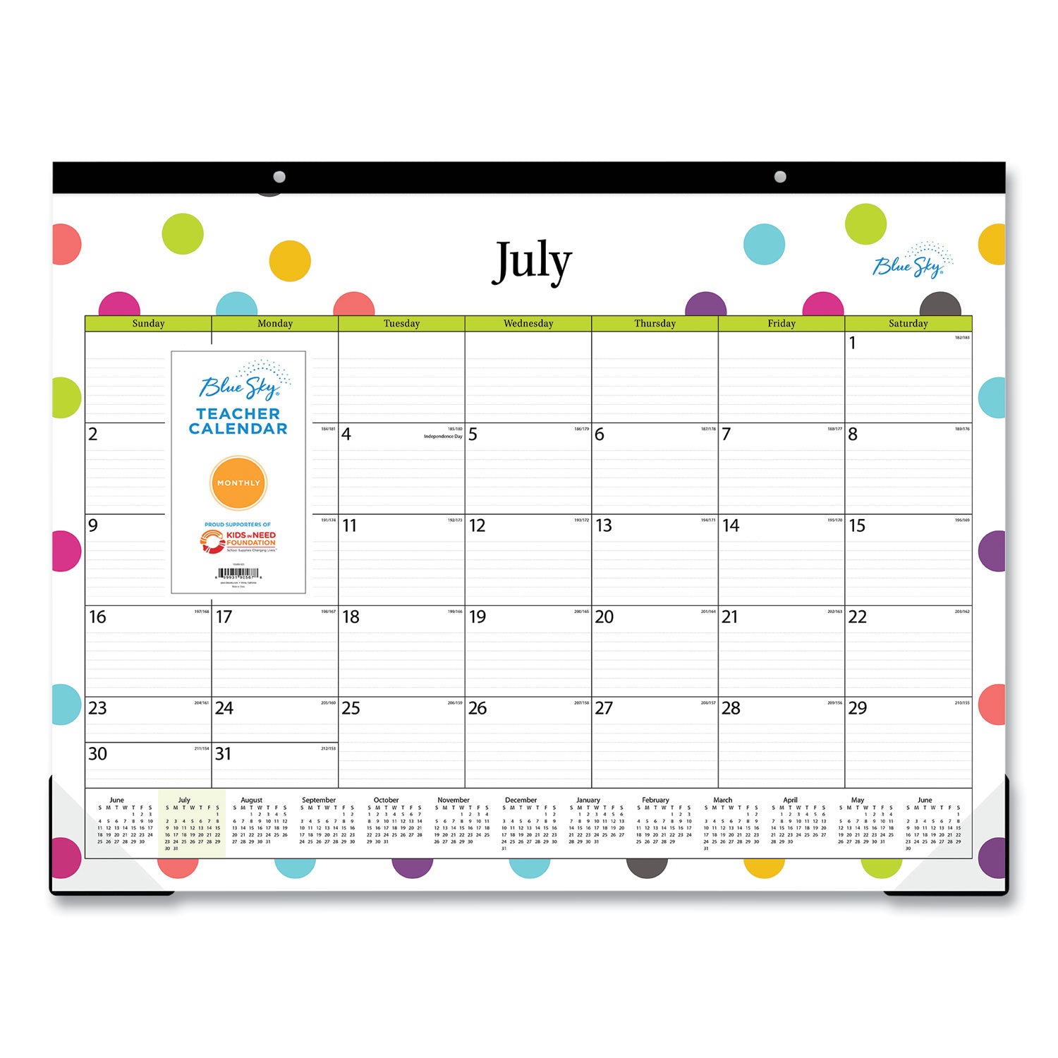 Blue Sky® Teacher Dots Academic Desk Pad, 22 x 17, Black Binding, Clear Corners, 12-Month (July to June): 2024 to 2025