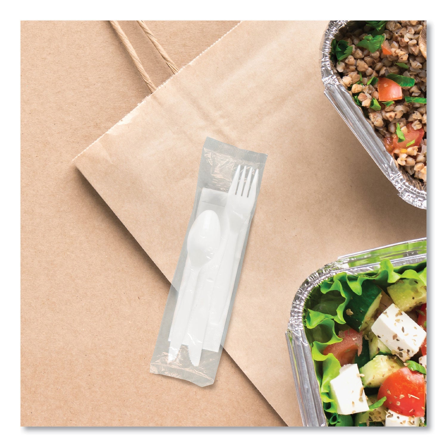 SOLO® Regal Mediumweight Cutlery Kit, Individually Wrapped, Fork/Knife/Napkin/Spoon, Plastic, White, 250/Carton