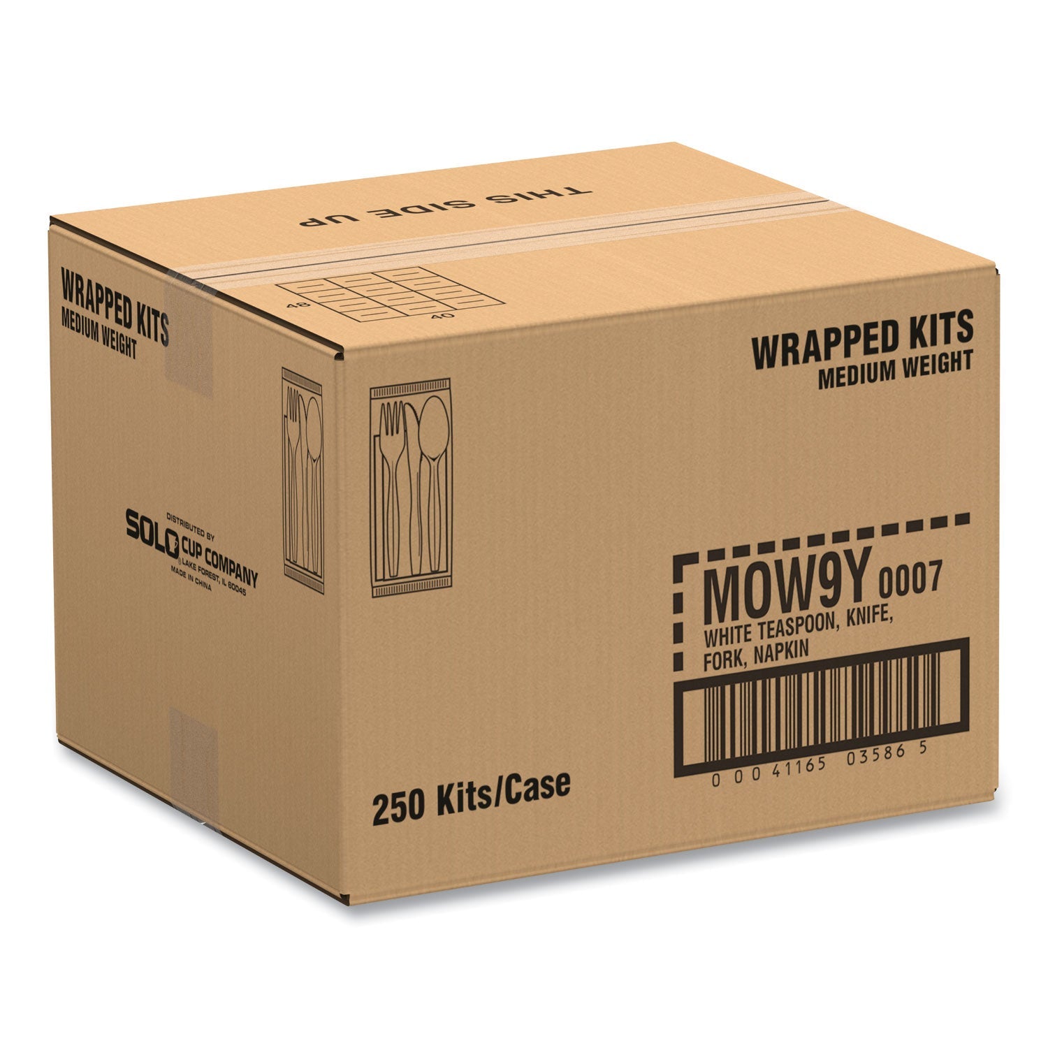 SOLO® Regal Mediumweight Cutlery Kit, Individually Wrapped, Fork/Knife/Napkin/Spoon, Plastic, White, 250/Carton