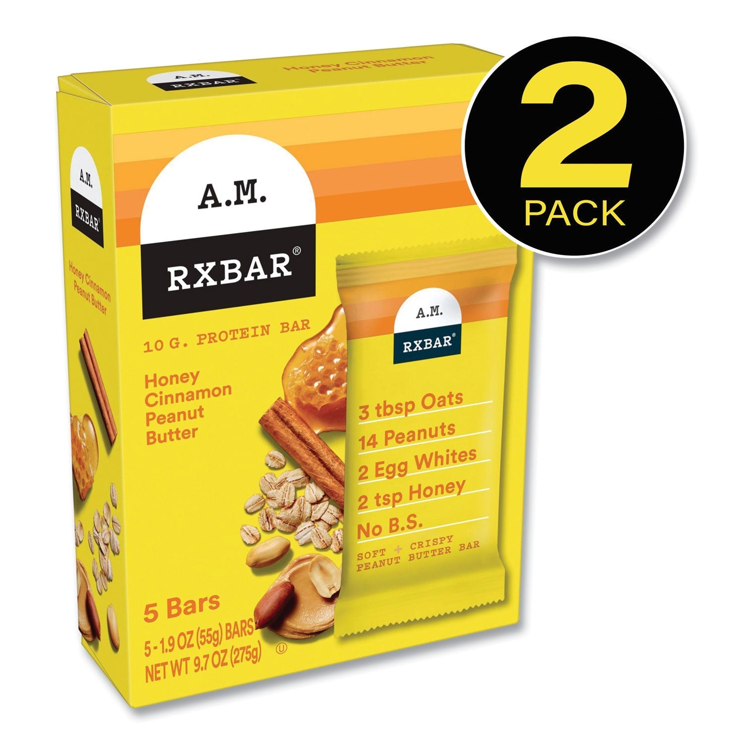 A.M. RXBAR® Adult Bars, Honey Cinnamon Peanut Butter, 1.9 oz Bar, 5 Bars/Packs, 2 Packs/Carton