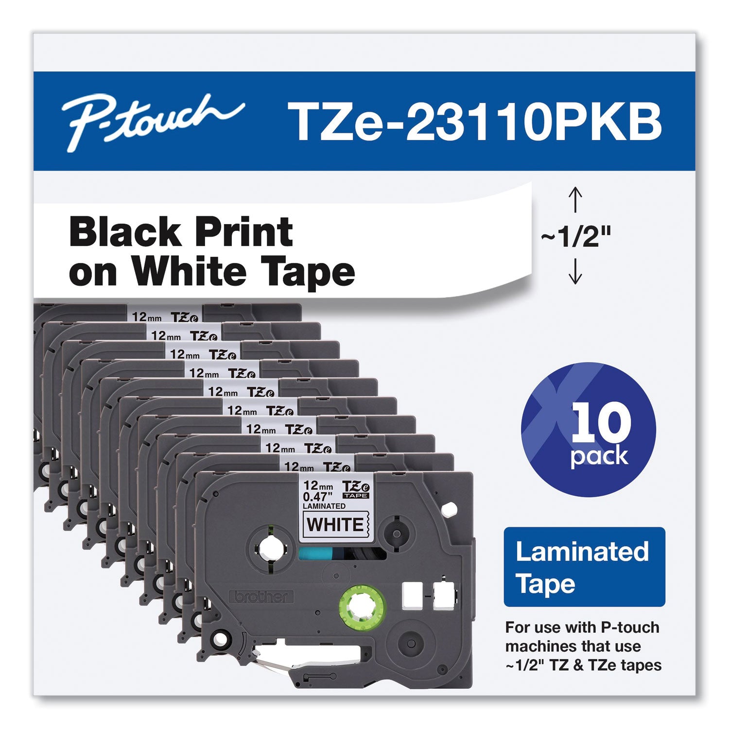 Brother P-Touch® TZe Series Standard Adhesive Laminated Labeling Tape, 0.5", Black on White, 10/Pack