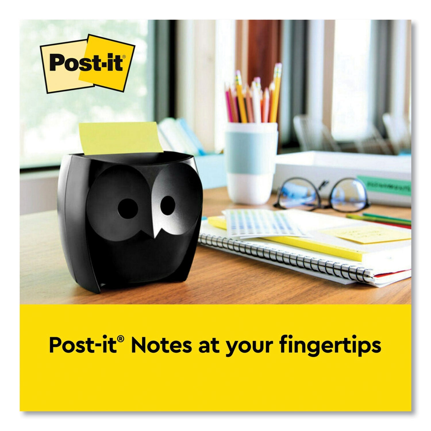 Post-it® Pop-up Notes Owl-Shaped Dispenser, For 3 x 3 Pads, Black, Includes 45-Sheet Citron Super Sticky Dispenser Pop-Up Pad
