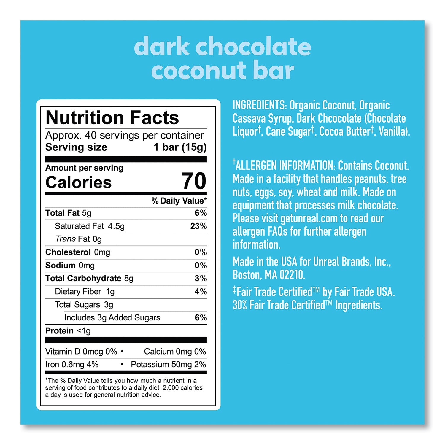 UNREAL® Dark Chocolate Coconut Bars, 0.53 oz, Individually Wrapped, 40/Pack