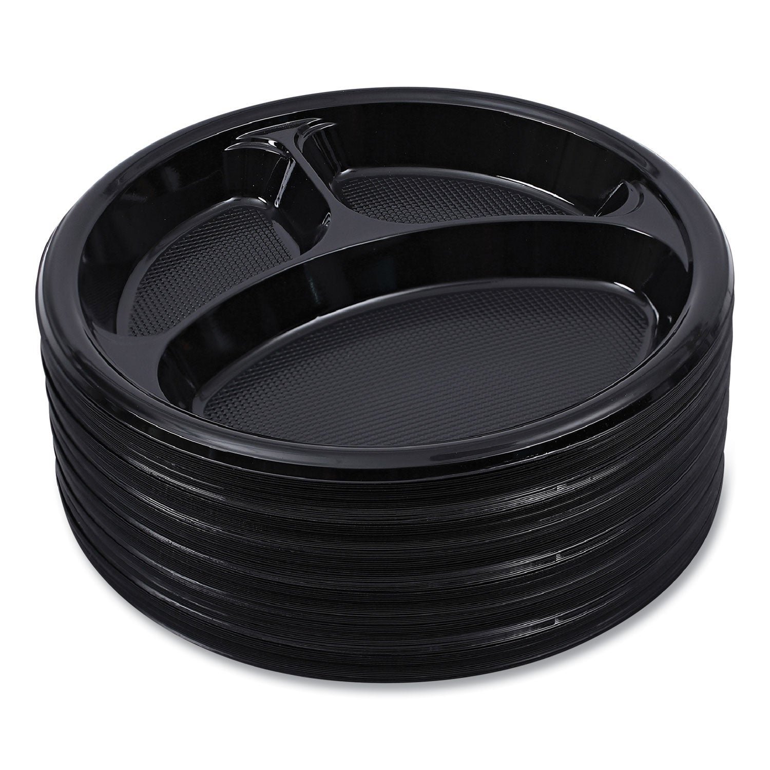 Boardwalk® Hi-Impact Plastic Dinnerware, 3-Compartment Plate, 10" dia, Black, 125/Sleeve, 4 Sleeves/Carton