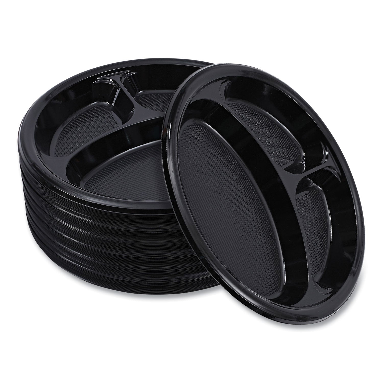 Boardwalk® Hi-Impact Plastic Dinnerware, 3-Compartment Plate, 10" dia, Black, 125/Sleeve, 4 Sleeves/Carton