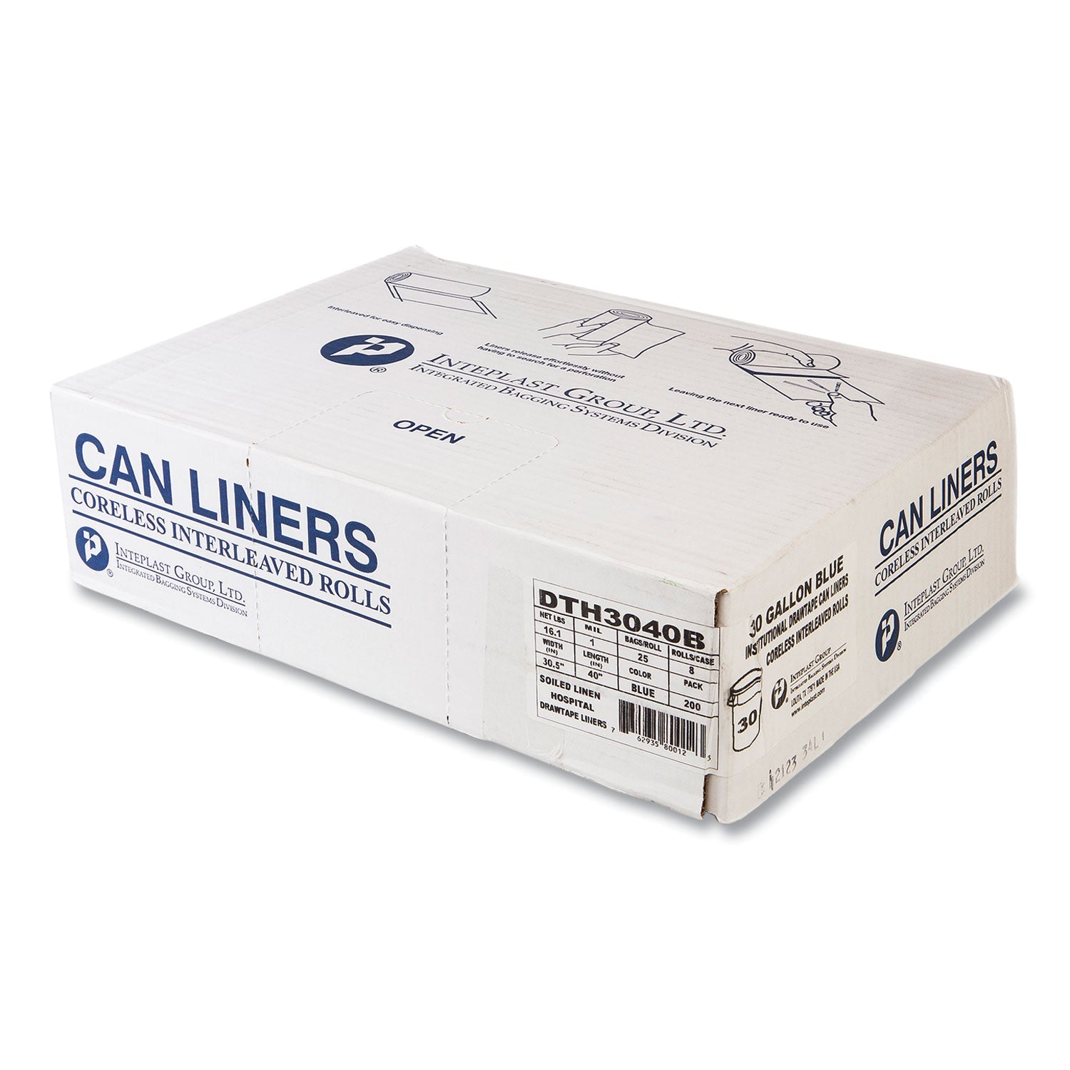 Inteplast Group Draw-Tuff Institutional Draw-Tape Can Liners, Drawstring, 30 gal, 1 mil, 30.5" x 40", Blue, 25 Bags/Roll, 8 Rolls/Carton
