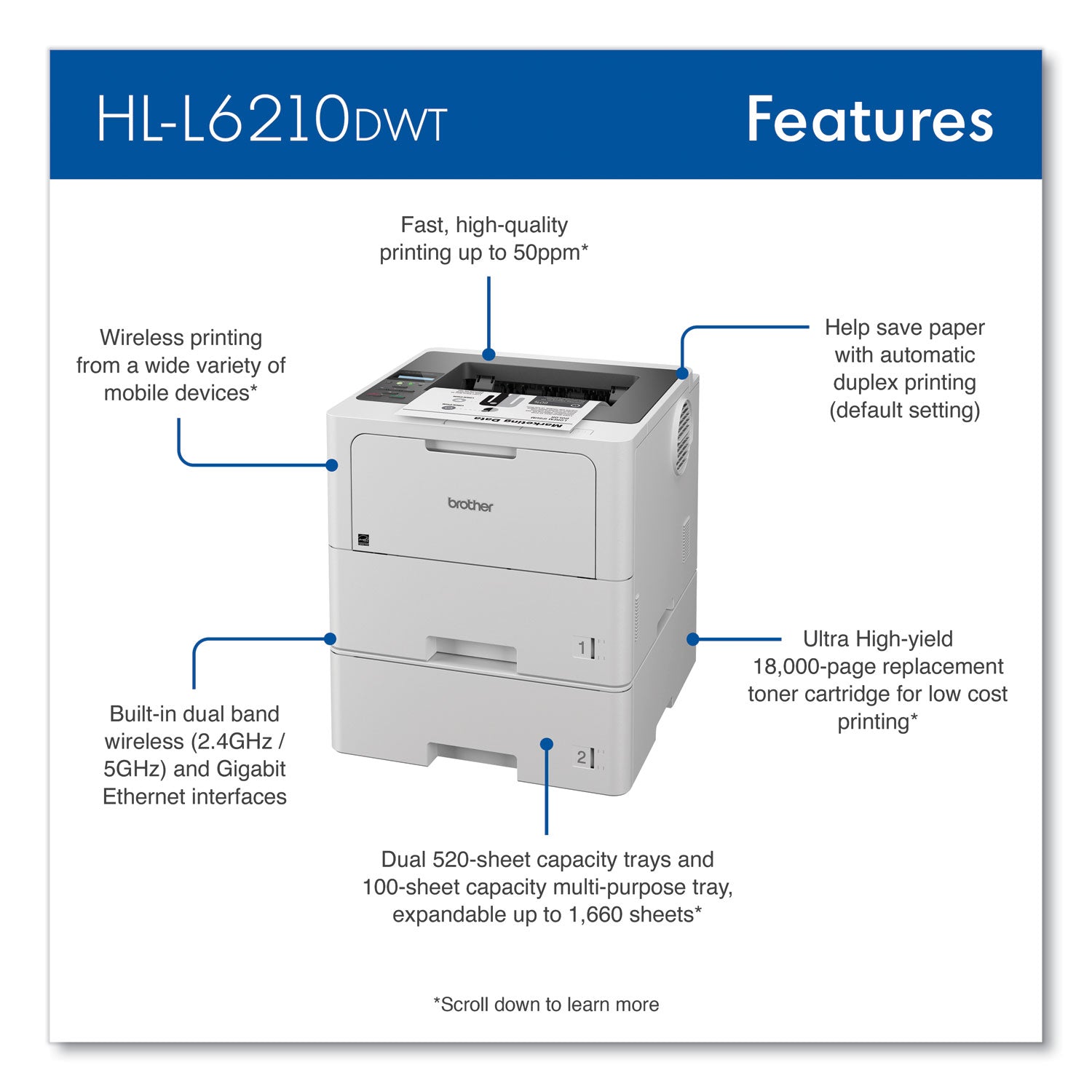 Brother HL-L6210DWT Monochrome Laser Printer