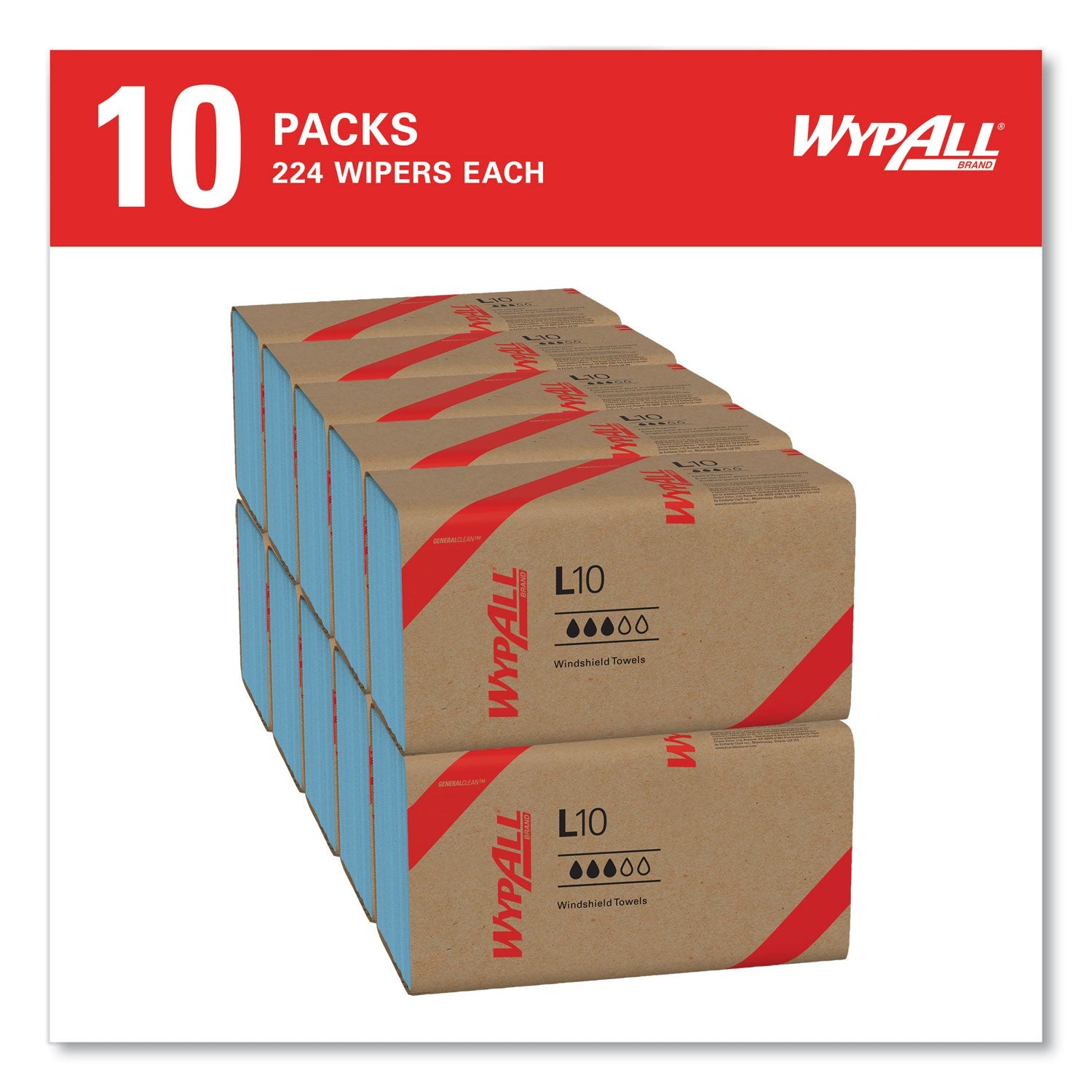 WypAll® L10 Windshield Towels, 1-Ply, 9.1 x 10.25, Light Blue, 224/Pack, 10 Packs/Carton