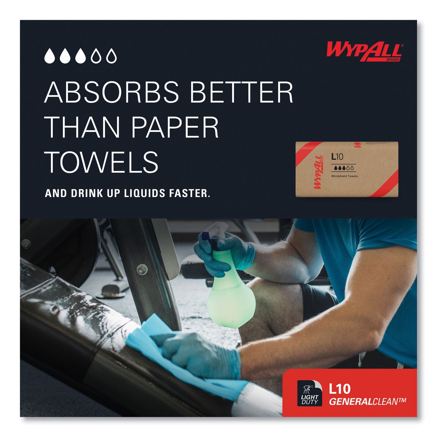 WypAll® L10 Windshield Towels, 1-Ply, 9.1 x 10.25, Light Blue, 224/Pack, 10 Packs/Carton