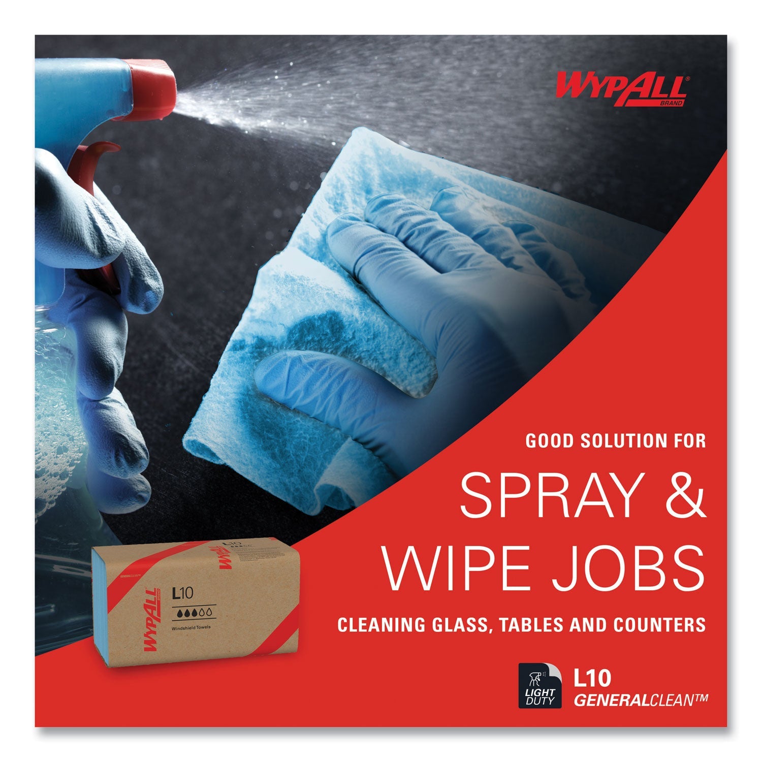 WypAll® L10 Windshield Towels, 1-Ply, 9.1 x 10.25, Light Blue, 224/Pack, 10 Packs/Carton
