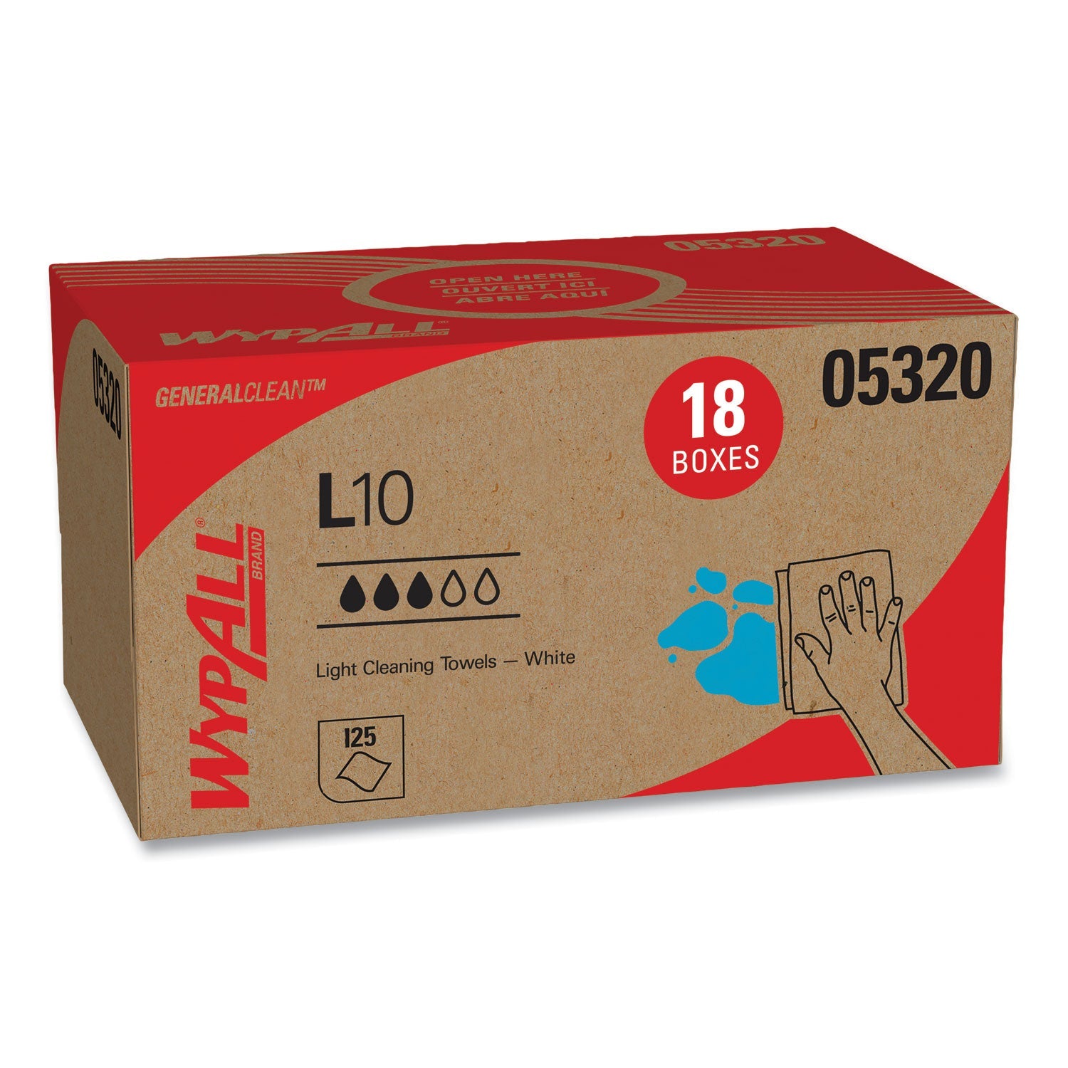 WypAll® L10 Towels, POP-UP Box, 1-Ply, 9 x 10.5, White, 125/Box, 18 Boxes/Carton