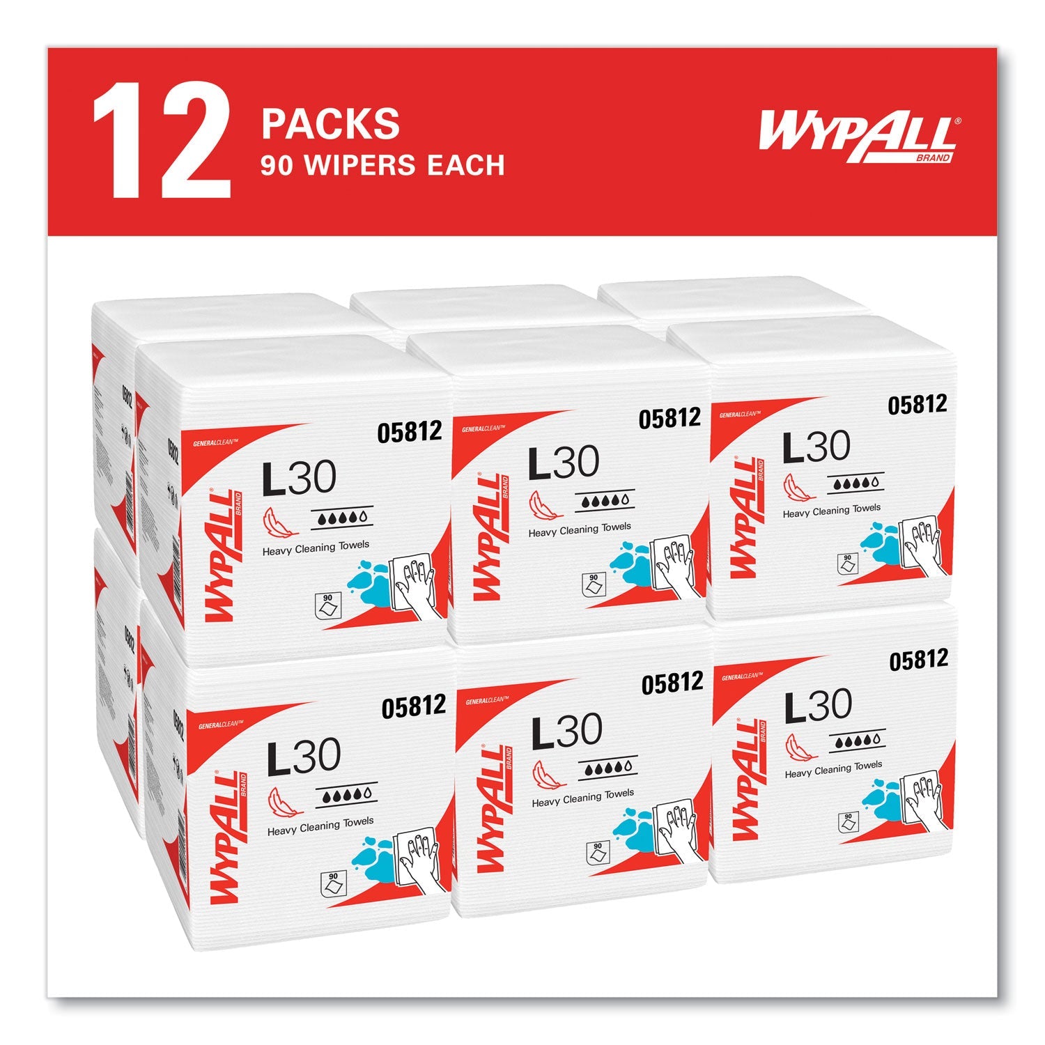 WypAll® L30 Towels, Quarter Fold, 12.5 x 12, 90/Polypack, 12 Polypacks/Carton